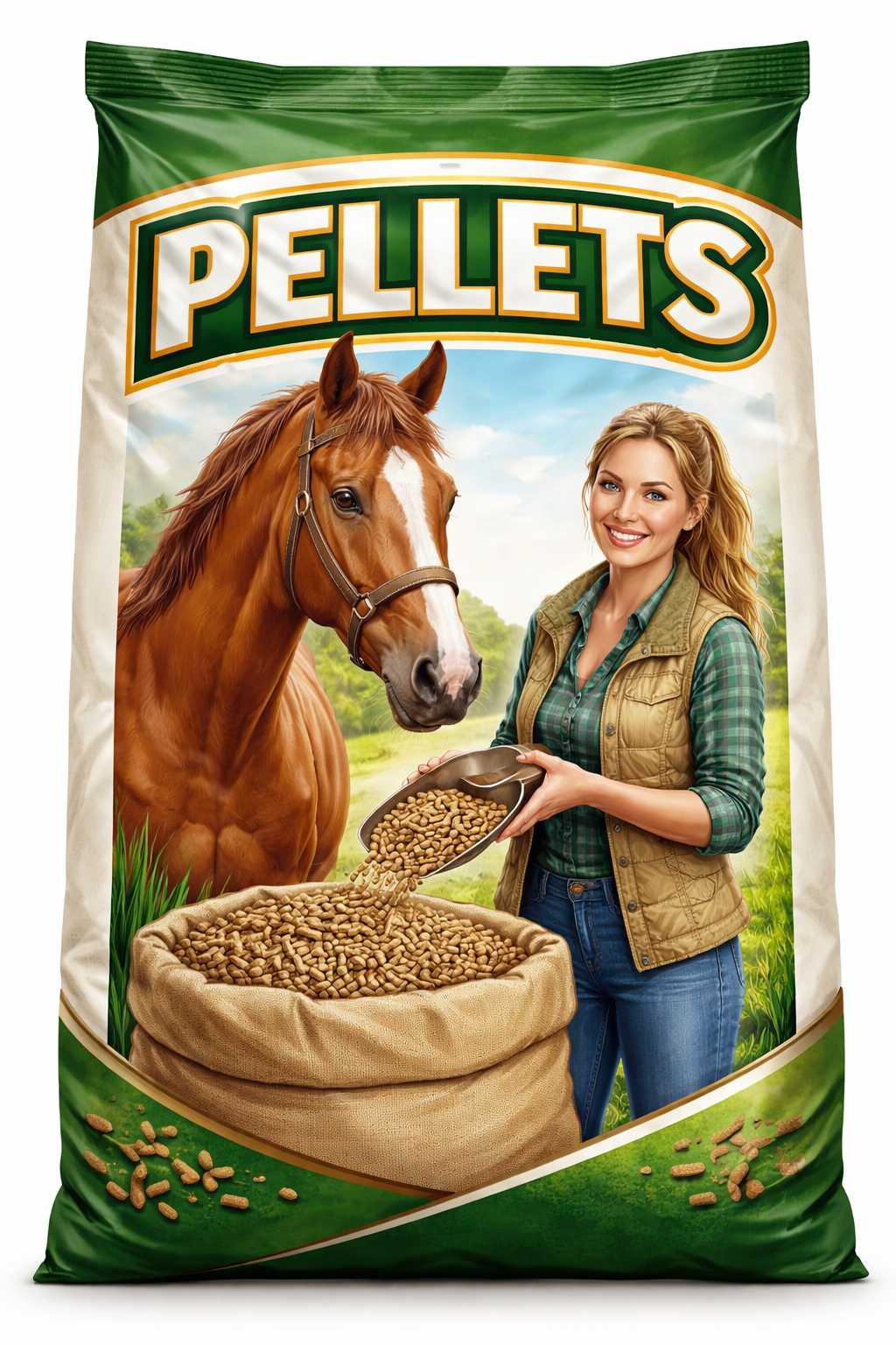 Sack mit Pellets Pferdefutter neben Pferd und Frau beim Einfüllen der Futterpellets