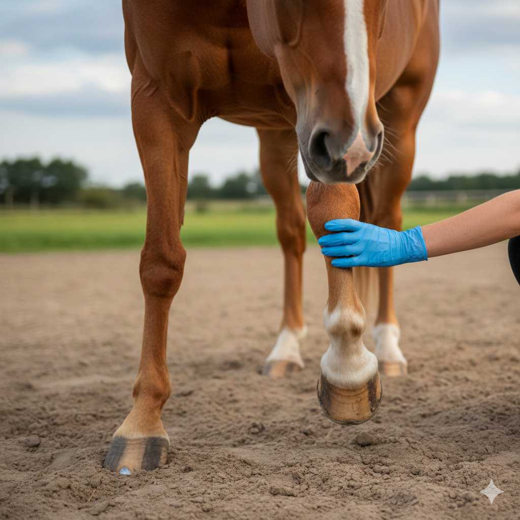 Nahaufnahme eines braunen Pferdes, dessen Vorderbein von einer Person mit blauem Handschuh untersucht wird, vermutlich zur Kontrolle von Sehnen oder Gelenken.