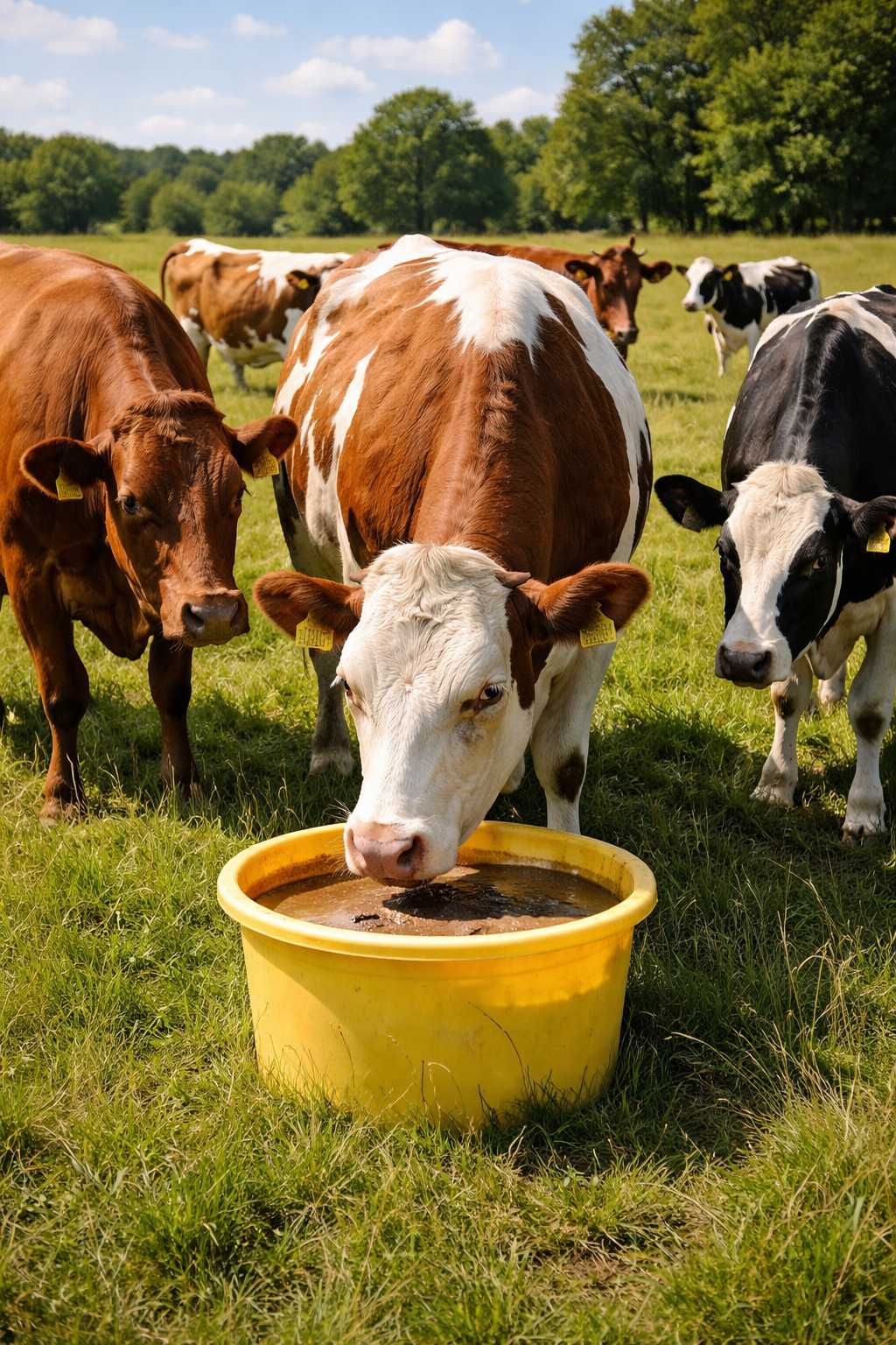 Mehrere Kühe fressen aus einer Futterschale auf einer grünen Weide unter freiem Himmel