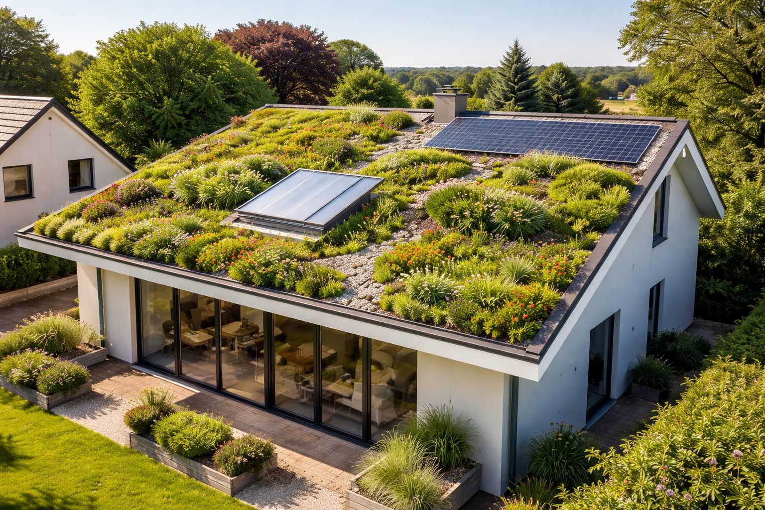 Modernes Einfamilienhaus mit begrüntem Dach, Photovoltaikanlage, Dachfenster und vielfältiger Bepflanzung im Garten