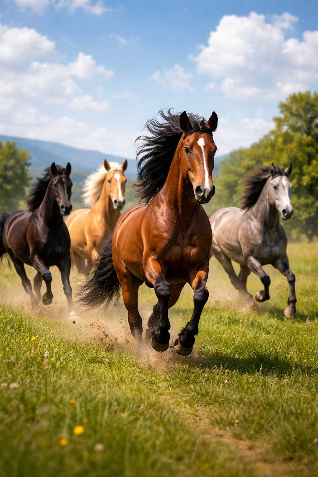 Mehrere Pferde laufen im schnellen Galopp über eine grüne Wiese in natürlicher Umgebung