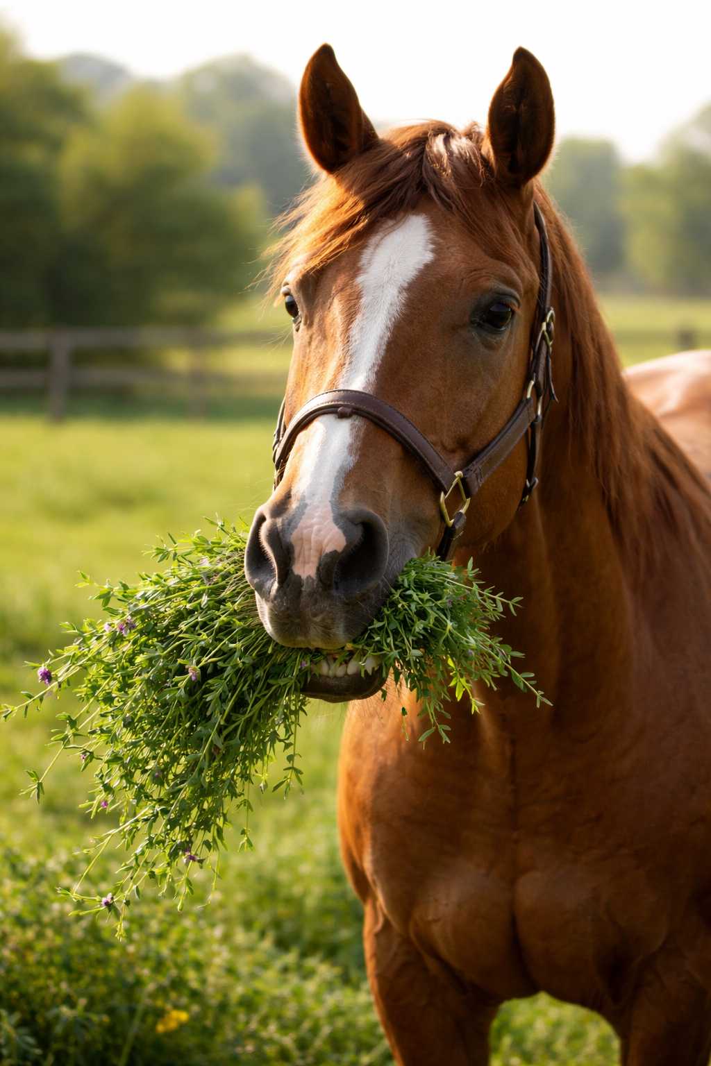 Braunes Pferd mit Halfter frisst frisches grünes Gras auf einer Weide im Sommer
