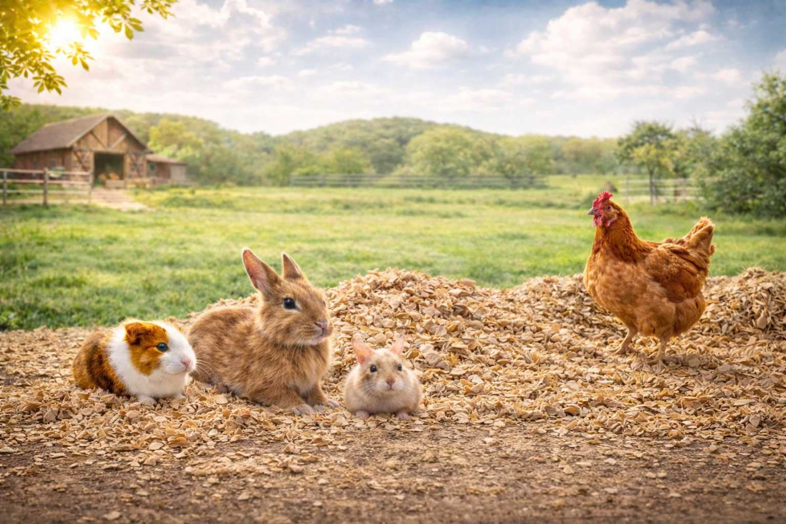 Kaninchen, Hamster und Huhn sitzen auf frischer Einstreu aus Holzspänen auf einem Bauernhof im Freien