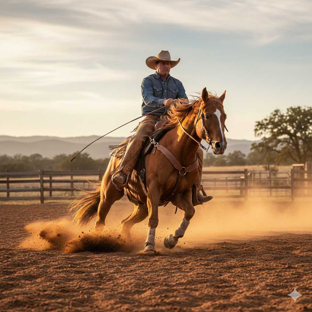 Cowboy reitet braunes Pferd im Galopp auf staubigem Reitplatz bei Sonnenuntergang