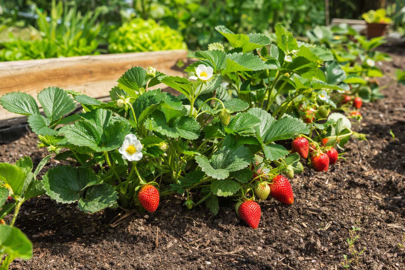 Erdbeerpflanzen im Beet mit grünen Blättern, weißen Blüten und reifen roten Erdbeeren auf lockerer Erde