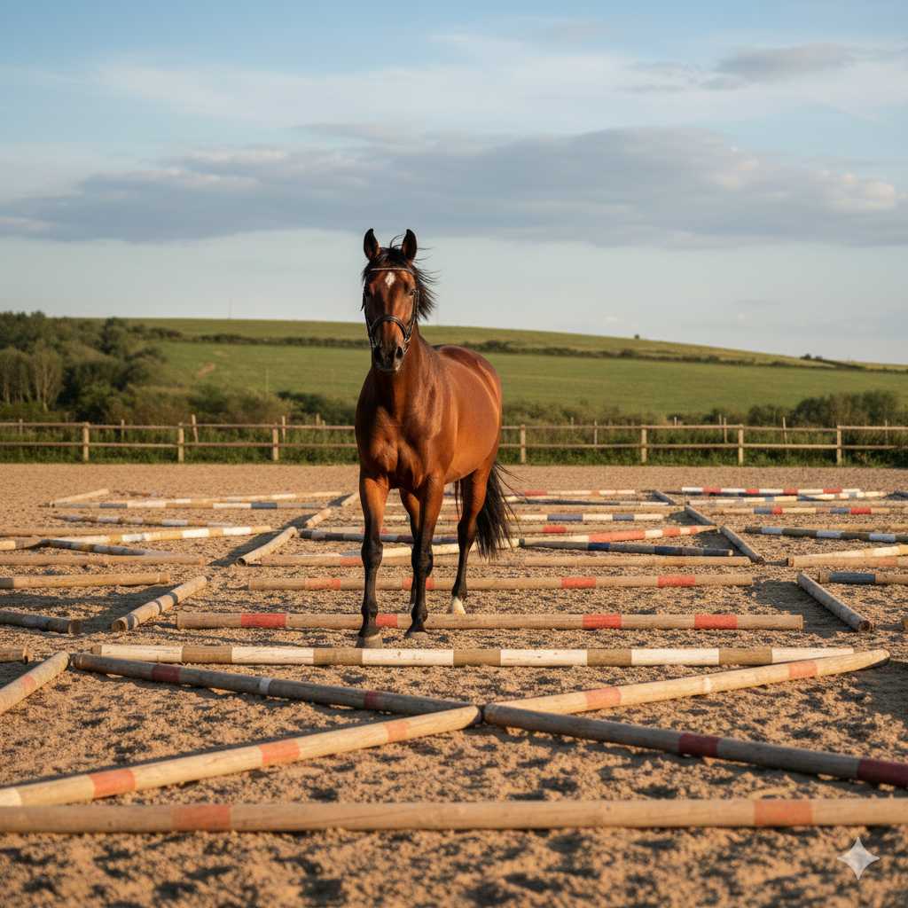 Braunes Pferd läuft auf einem Reitplatz durch einen Parcours aus am Boden liegenden Stangen; im Hintergrund sind Weiden und ein Zaun zu sehen.