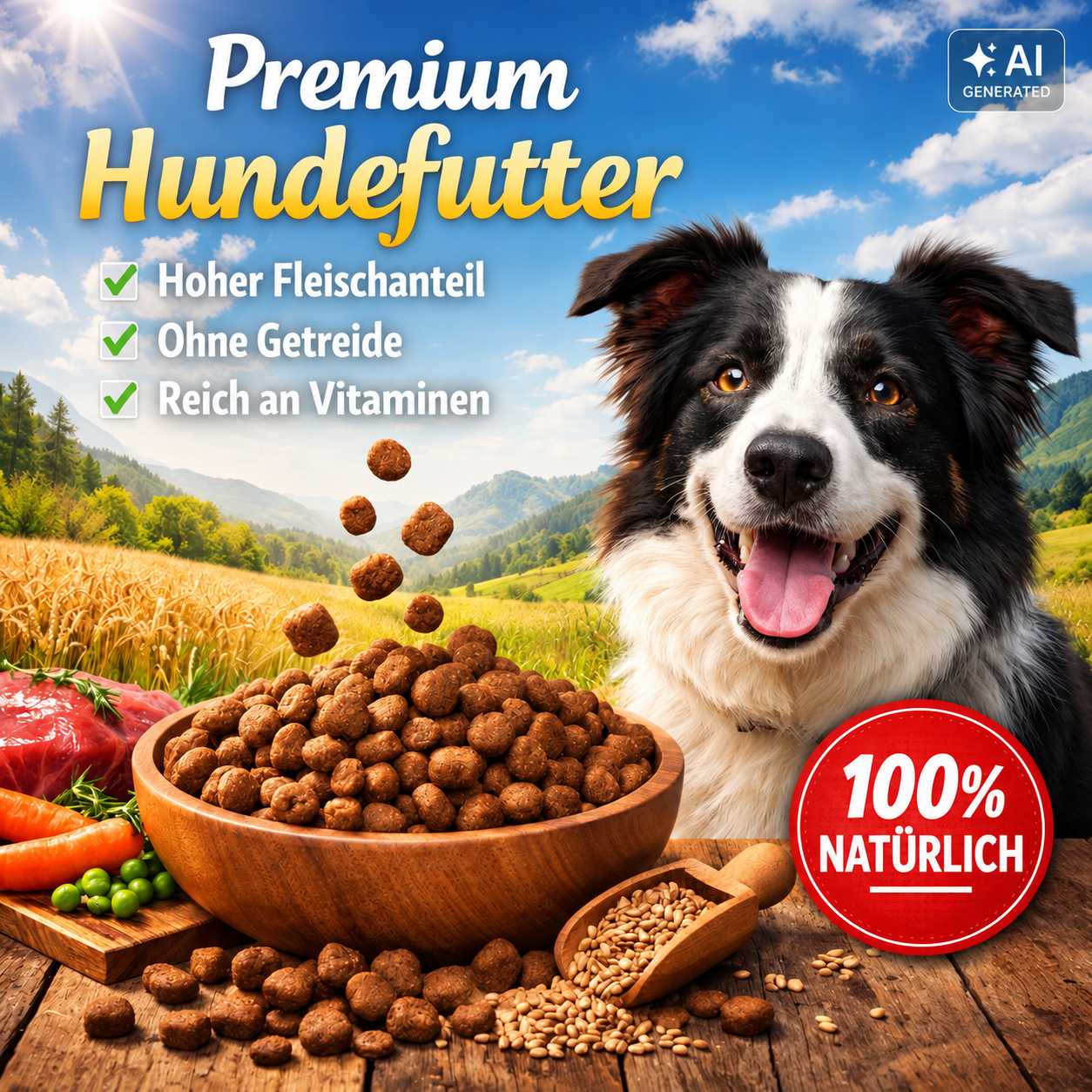 Hund neben einer Schale mit Trockenfutter sowie Fleisch, Gemüse und Getreide
