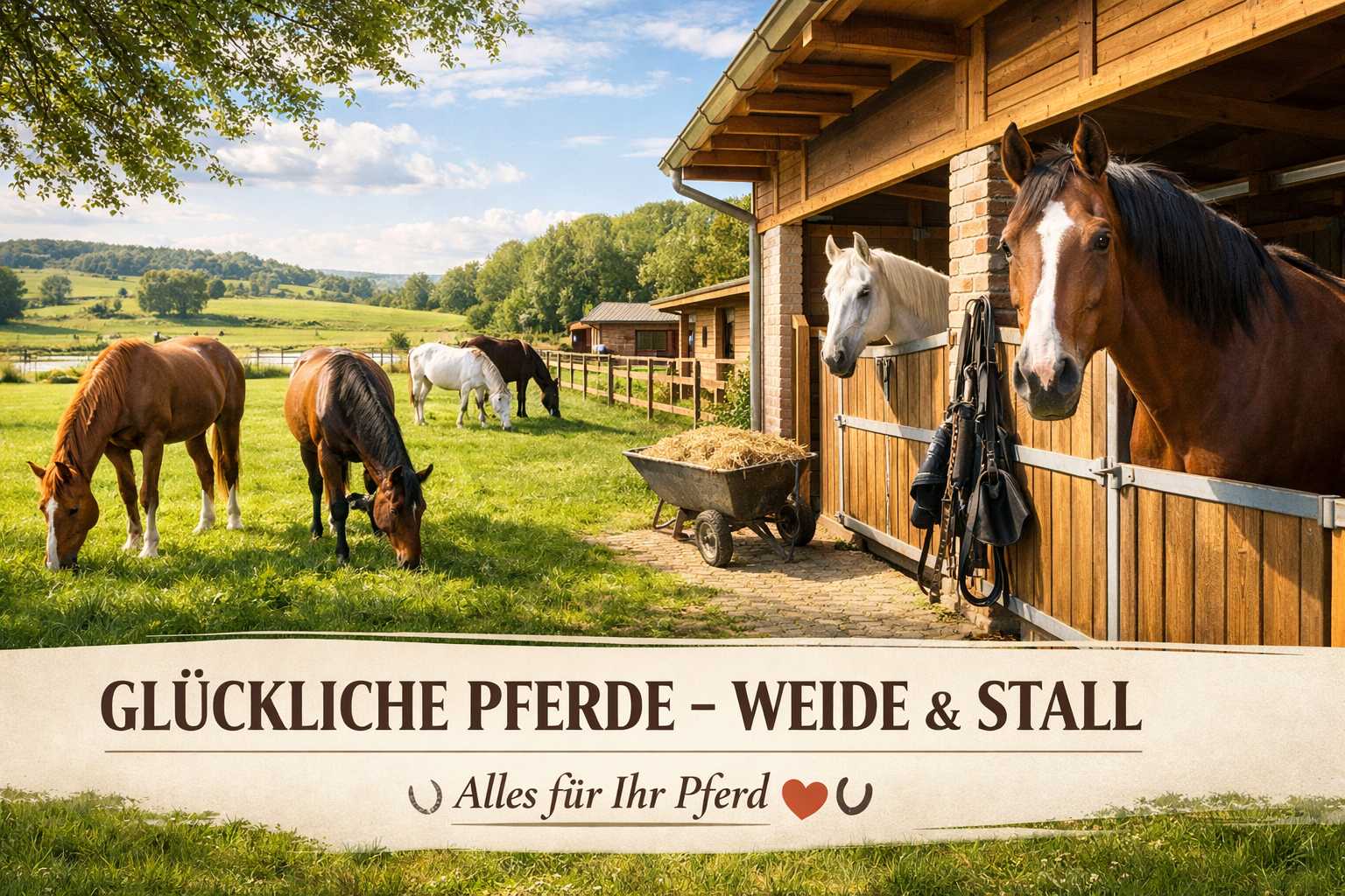 Mehrere Pferde auf einer grünen Weide neben einem Pferdestall mit offenen Boxen