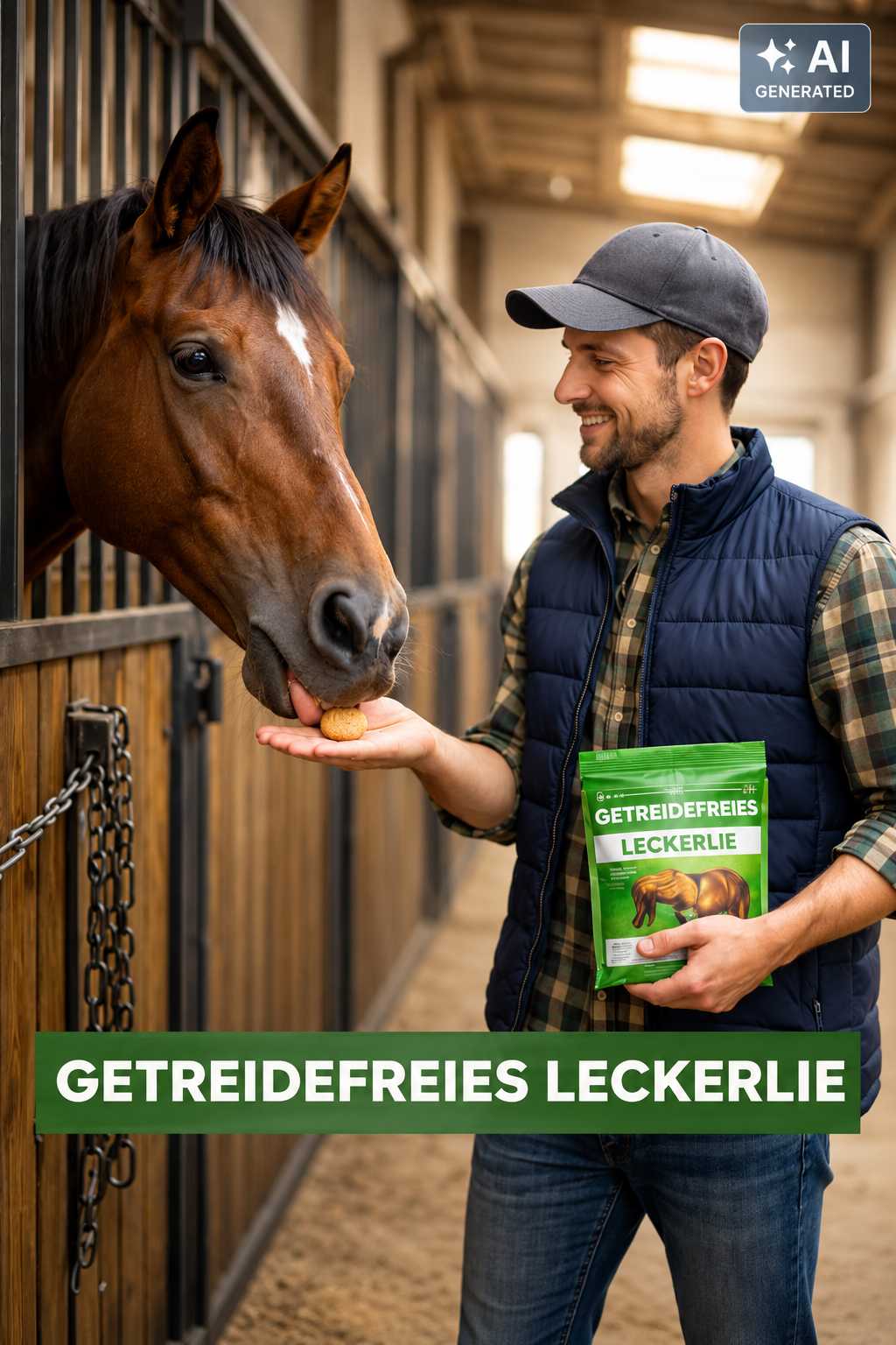 Lächelnder Mann füttert ein braunes Pferd im Stall mit einem Leckerli aus der Hand. In der anderen Hand hält er einen Beutel getreidefreie Pferdeleckerlis.