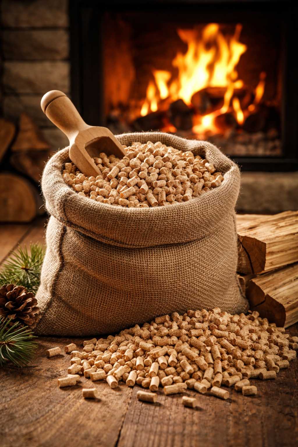 Sack mit Holzpellets und Schaufel vor einem brennenden Kamin als umweltfreundlicher Heizstoff