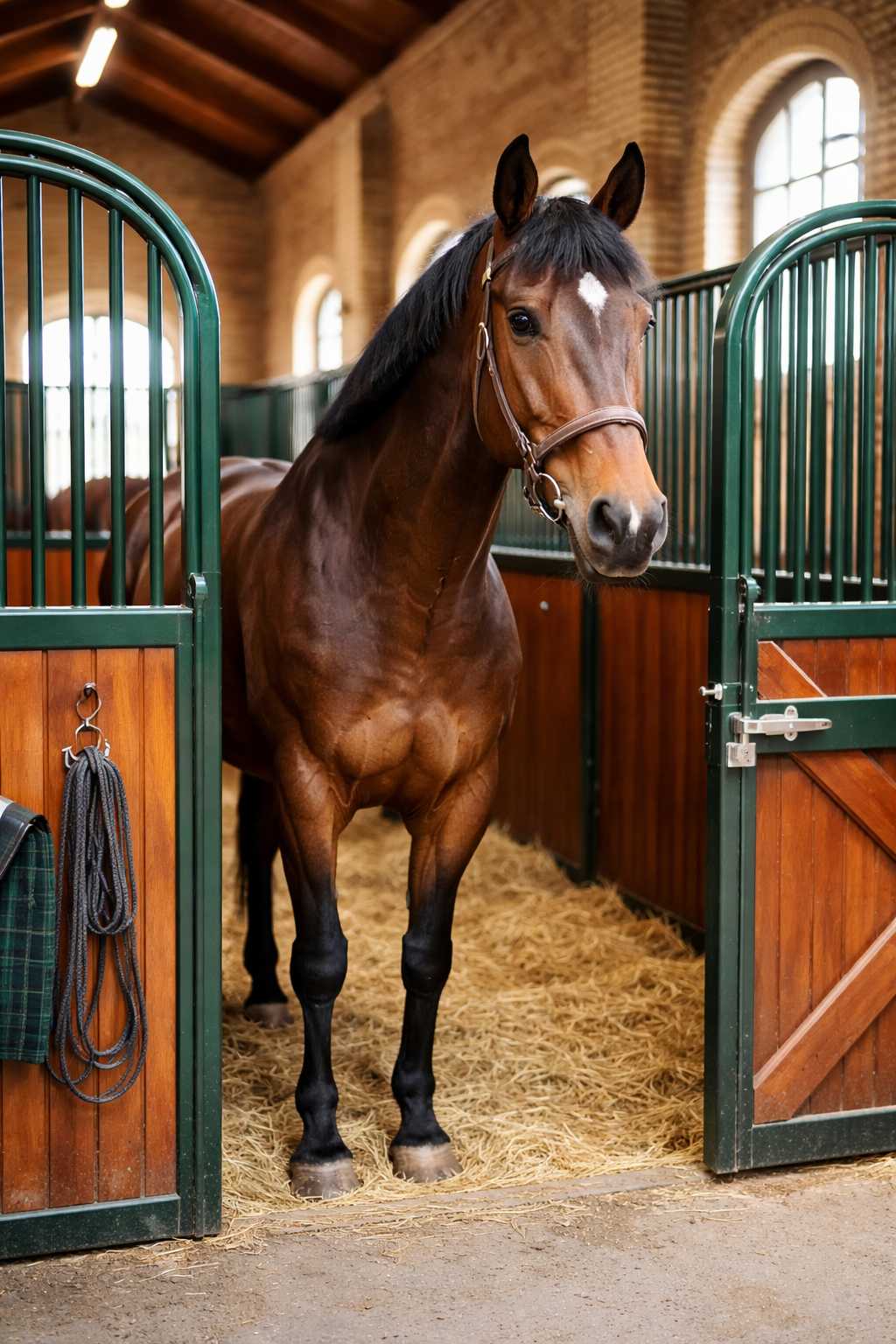 Ein Pferd steht entspannt in einer sauberen Stallbox mit Stroh und offenem Stalltor