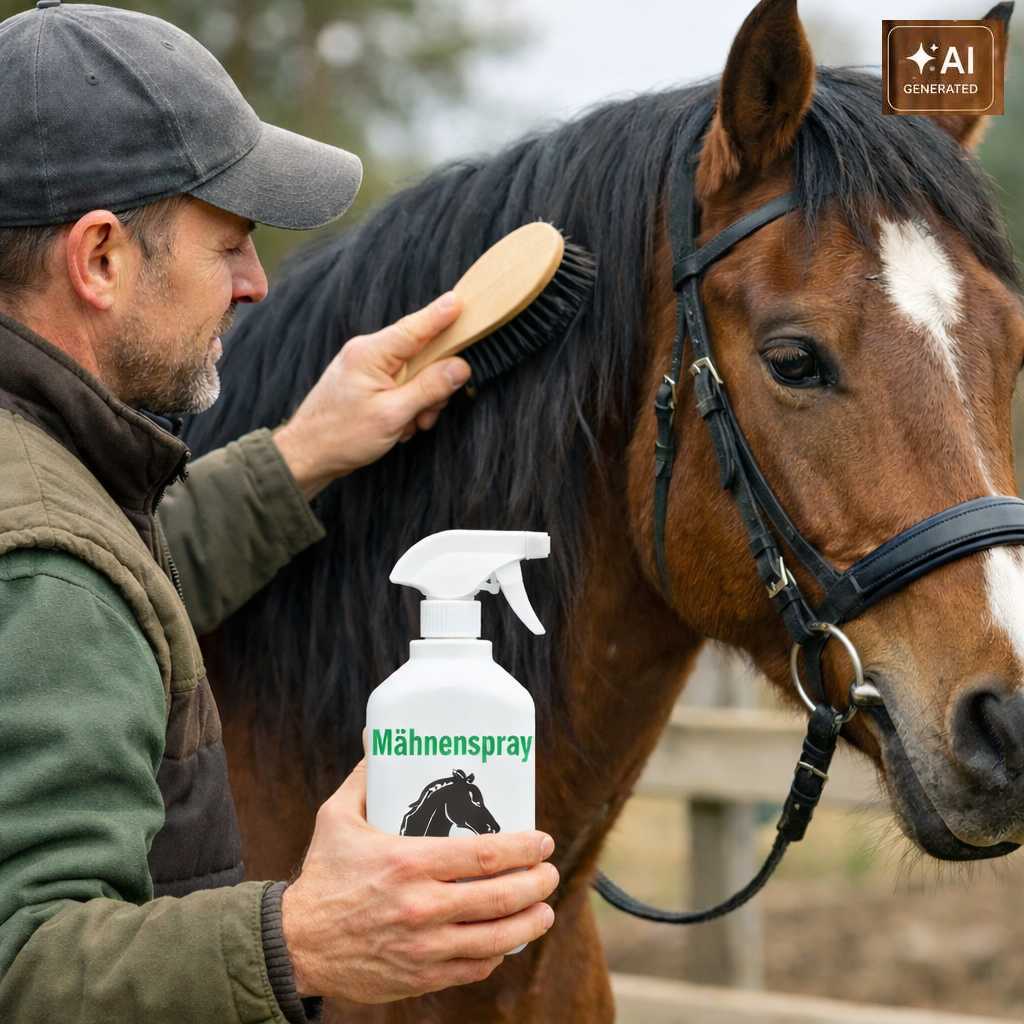 Mann bürstet die schwarze Mähne eines braunen Pferdes mit einer Pferdebürste und hält eine Flasche Mähnenspray in der Hand.