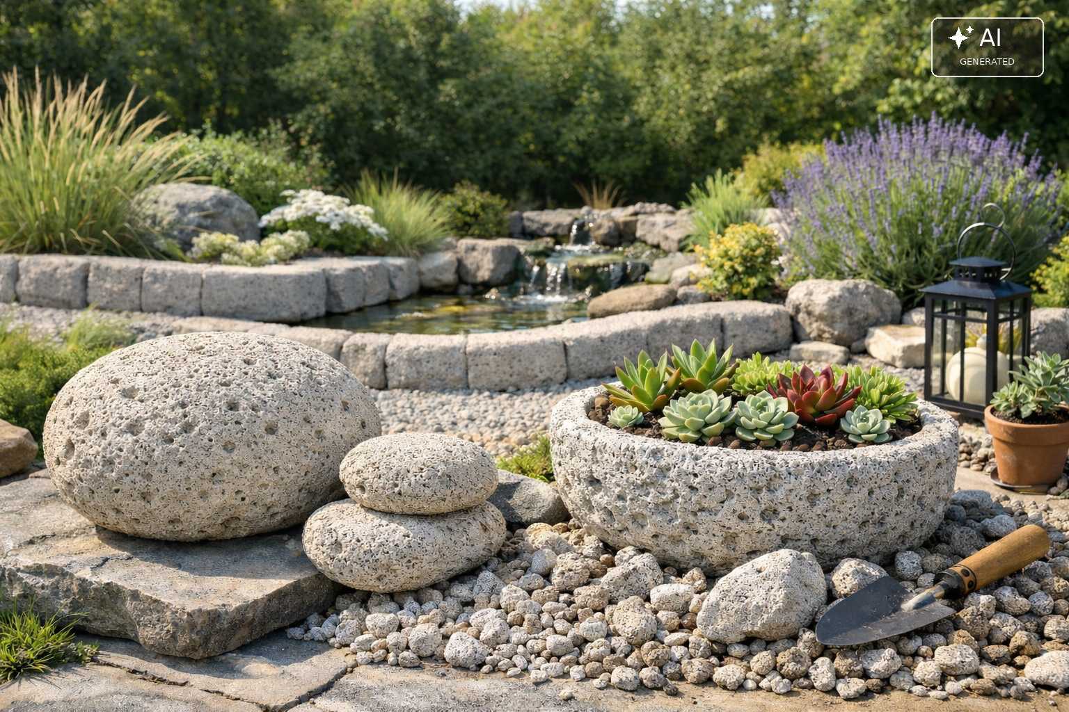 Dekorativer Steingarten mit Lavasteinen, Sukkulenten und kleinem Wasserlauf