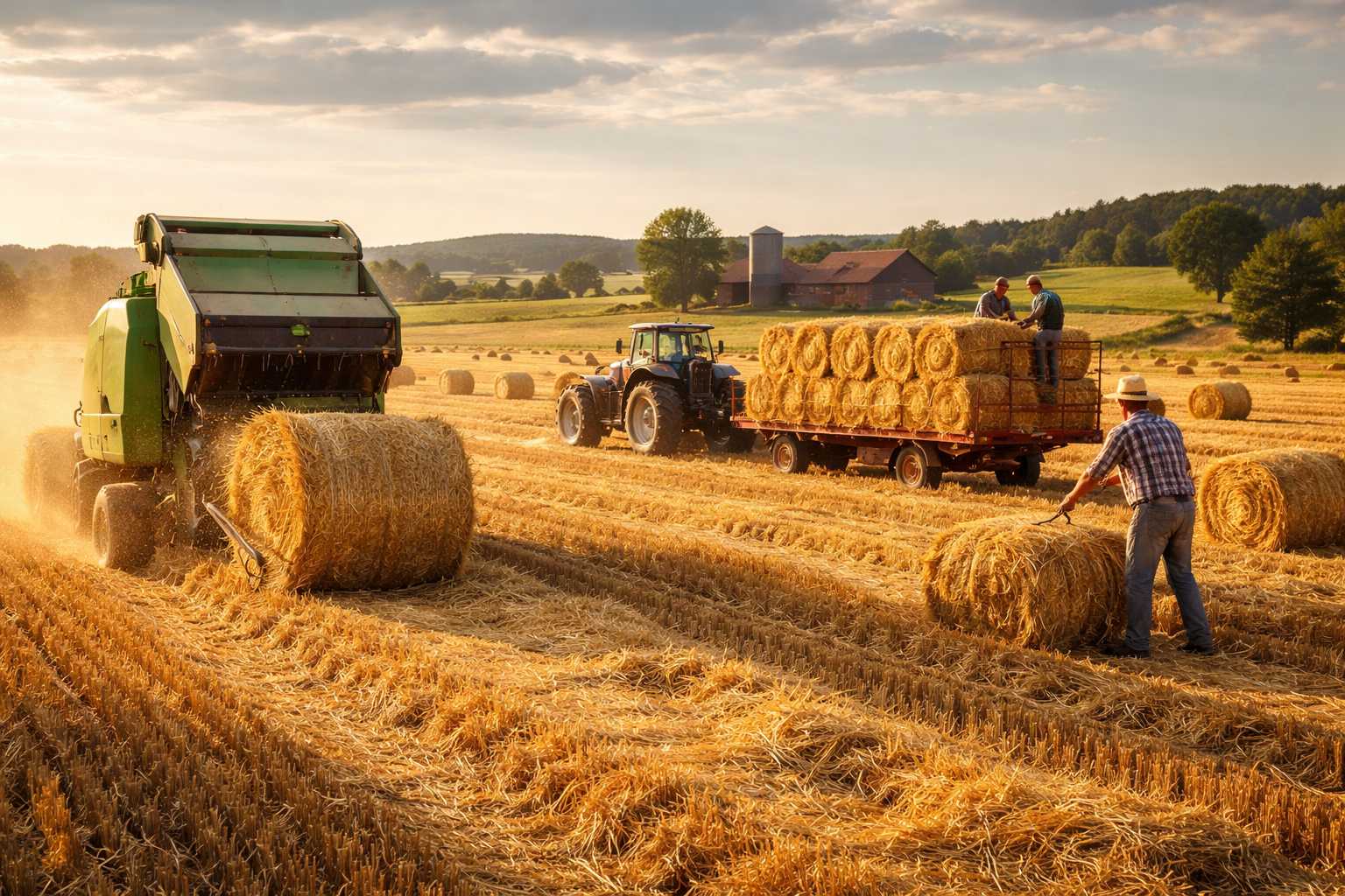 Landwirte pressen und verladen runde Strohballen auf einem Feld mit Traktor und Ballenpresse bei der Strohernte