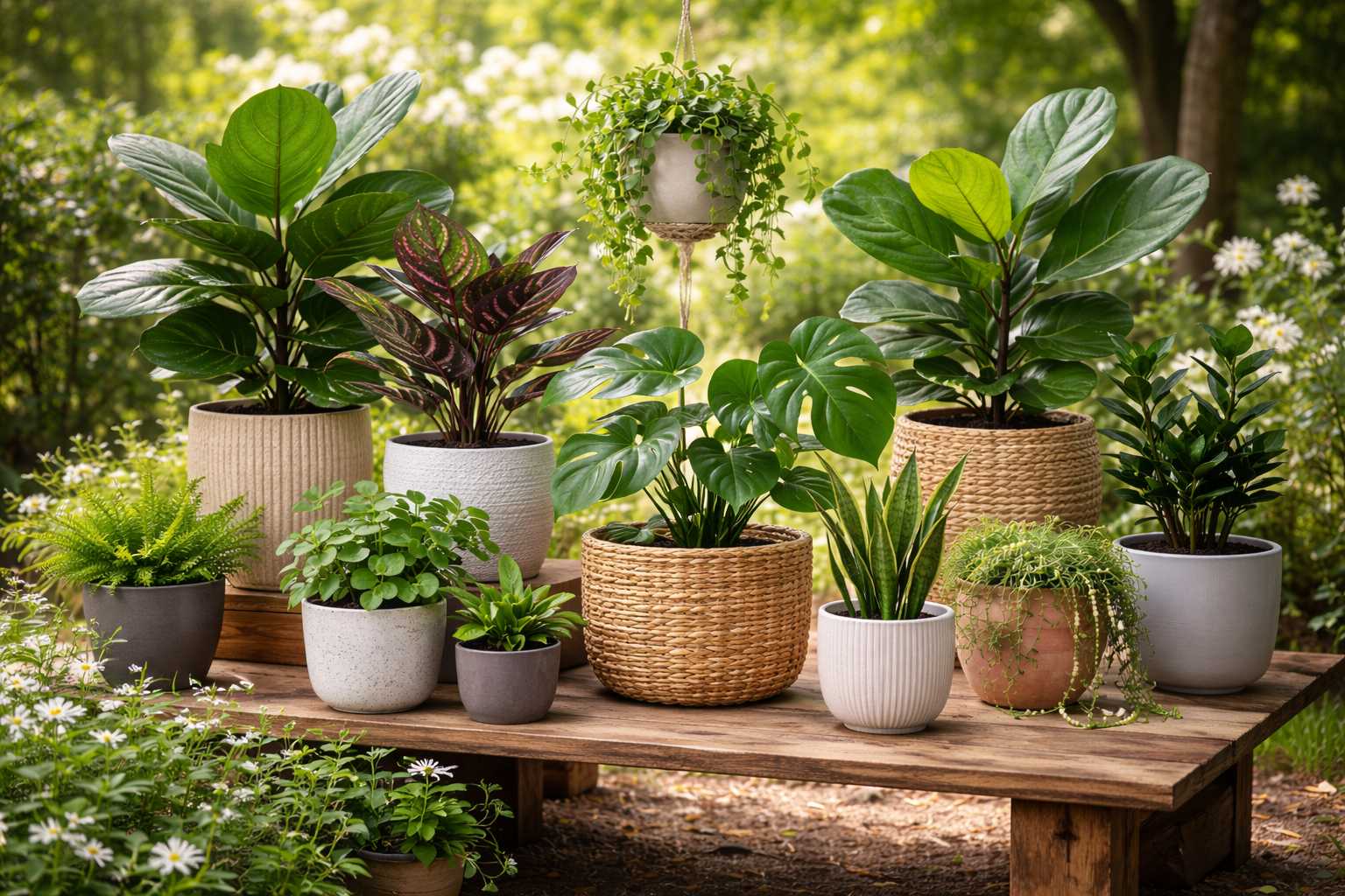 Verschiedene Zimmerpflanzen in Töpfen dekorativ auf einem Tisch im Garten arrangiert