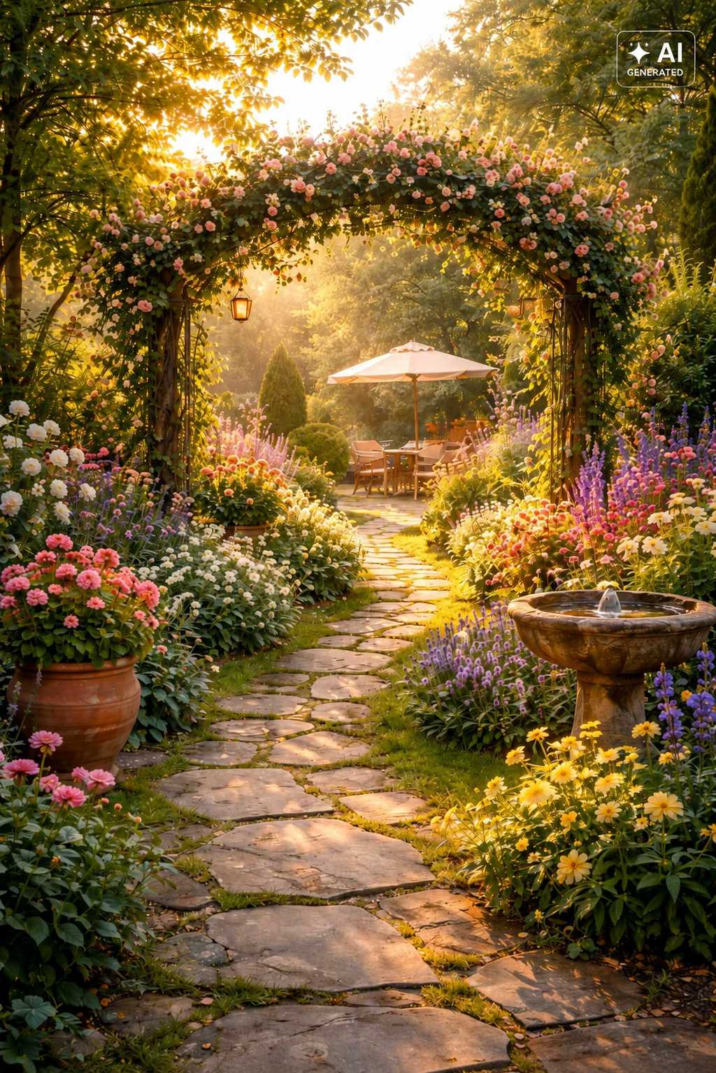 Sonniger Garten mit blühendem Rosenbogen, Natursteinweg und Blumenbeeten