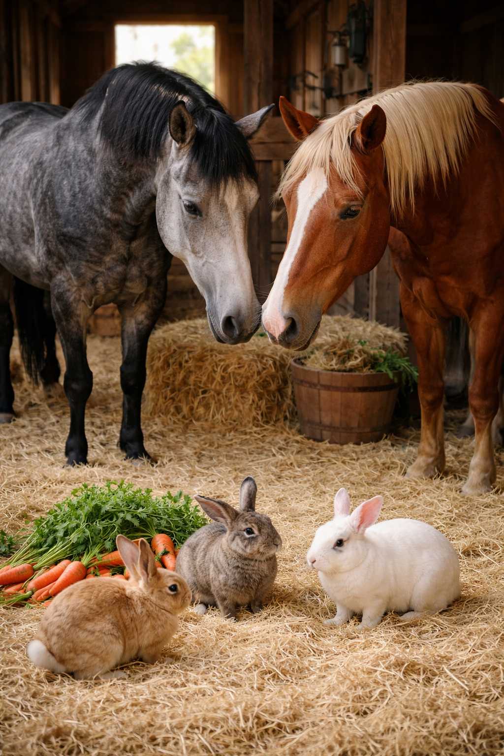 Zwei Pferde und drei Kaninchen im Stall auf Stroh mit Karotten und frischem Grünfutter