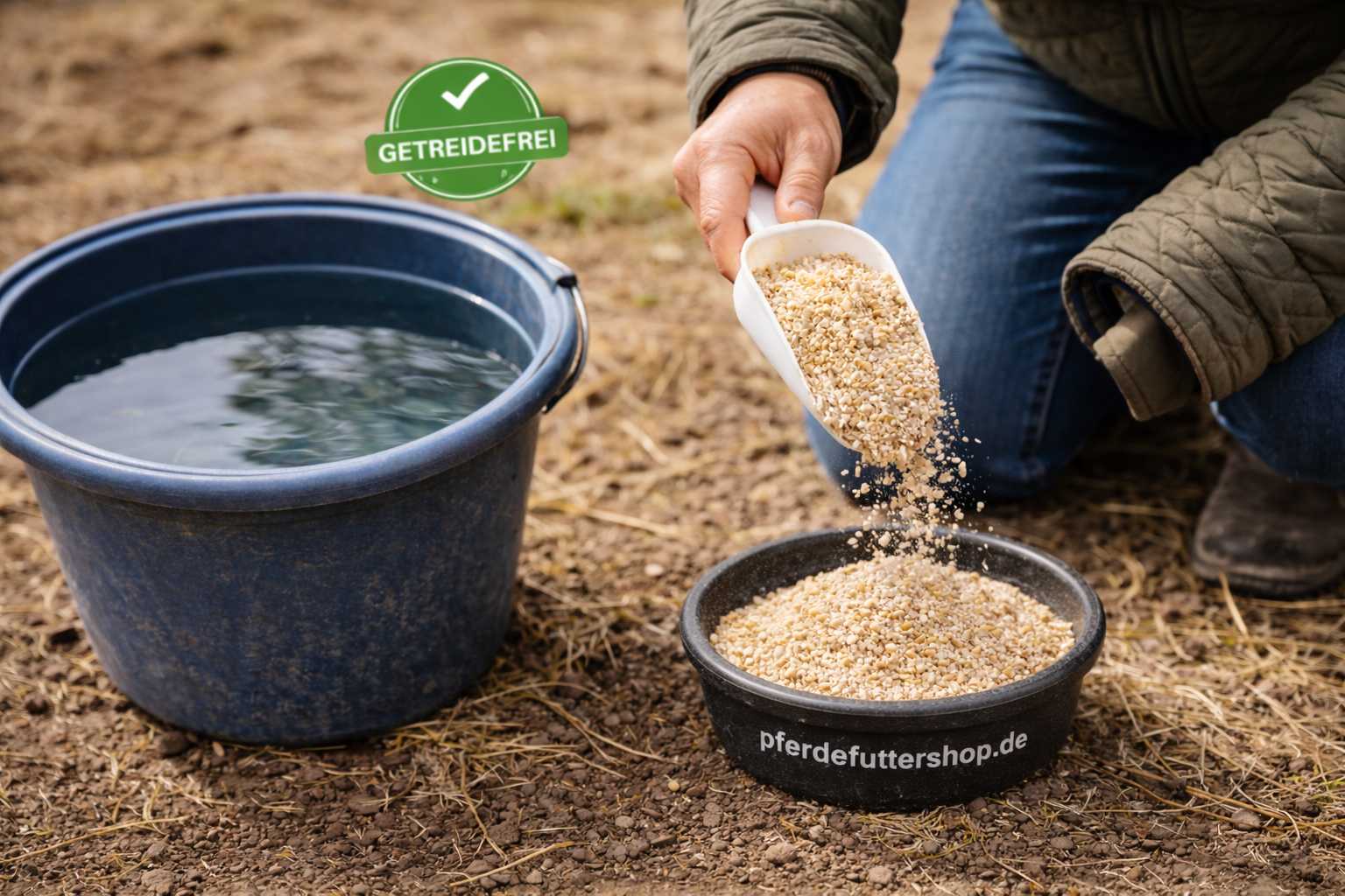 Person schüttet getreidefreies Mash Pferdefutter in Futterschüssel neben Eimer mit Wasser