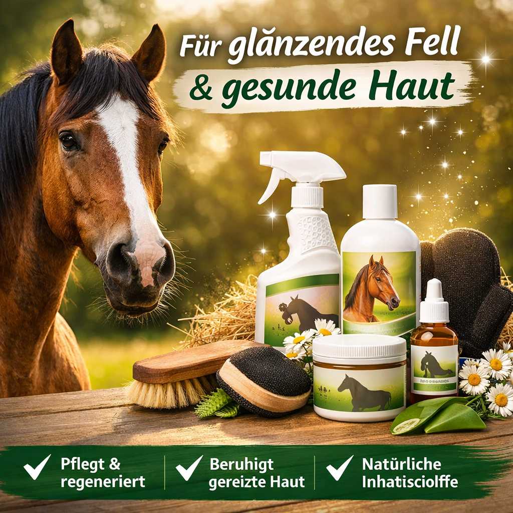 Pflegeprodukte für Pferdefell und Haut neben einem Pferd im Stallbereich
