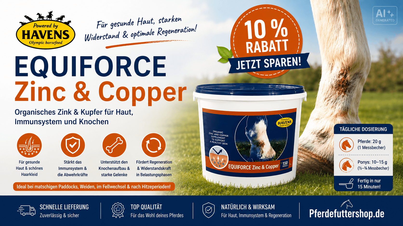 Havens Equiforce Zinc & Copper – organisches Zink und Kupfer für gesunde Haut, glänzendes Fell und ein starkes Immunsystem beim Pferd jetzt mit 10 Prozent RabattHavens Equiforce Zinc & Copper – organisches Zink und Kupfer für gesunde Haut, glänzendes Fell
