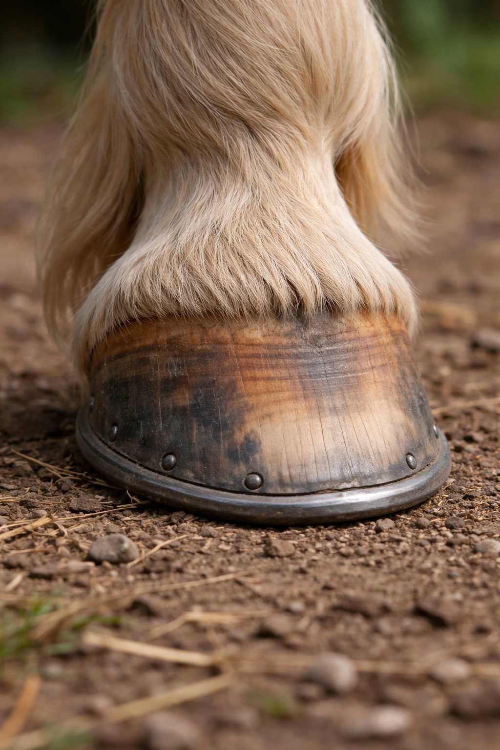 Detailaufnahme eines Pferdehufs mit Hufeisen auf festem Boden, das Fell am Fesselbereich ist hell und dicht.