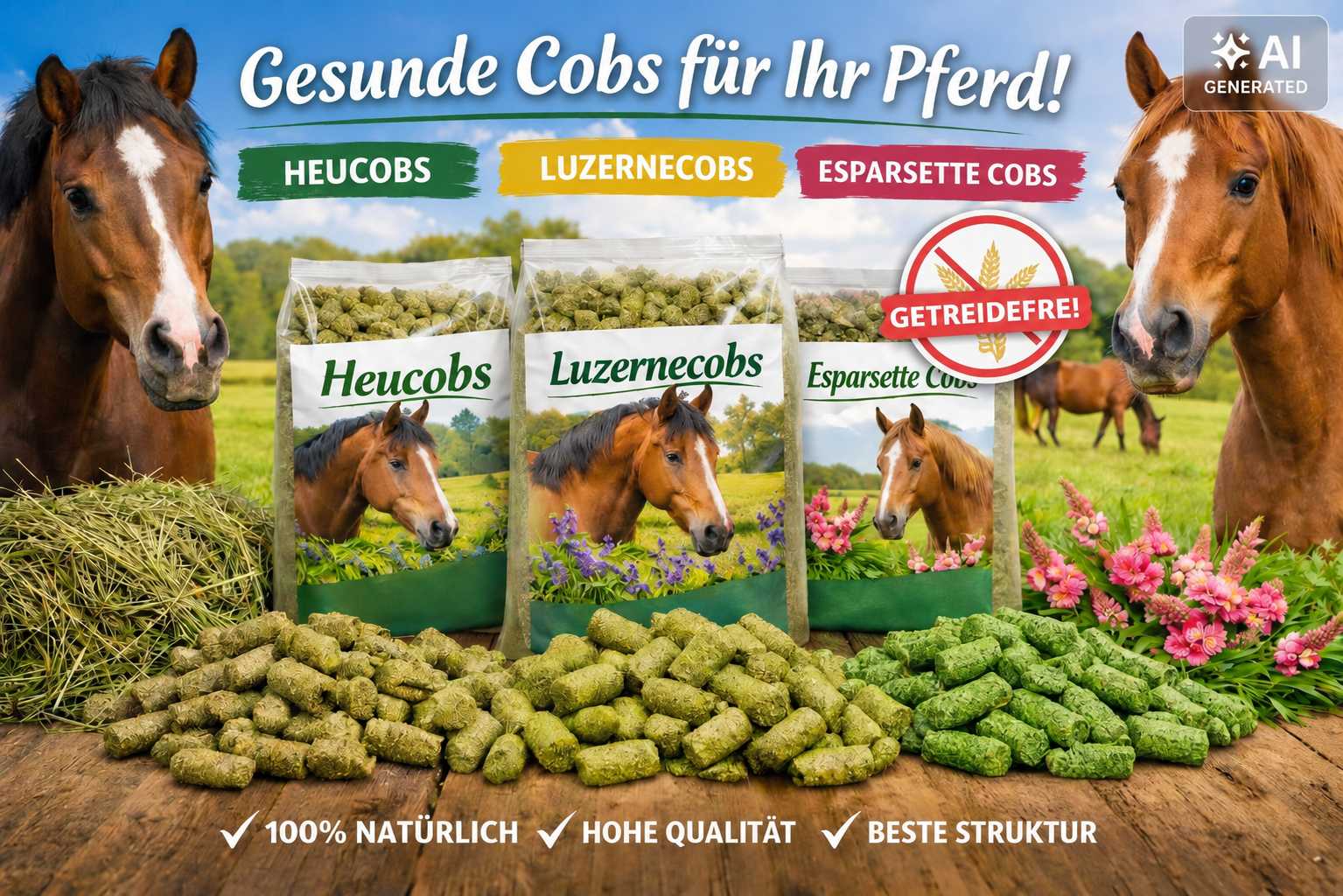 Zwei Pferde neben Futtersäcken mit Heucobs, Luzernecobs und Esparsettecobs. Im Vordergrund liegen verschiedene Cobs-Sorten, Heu und Blüten auf einem Holztisch.