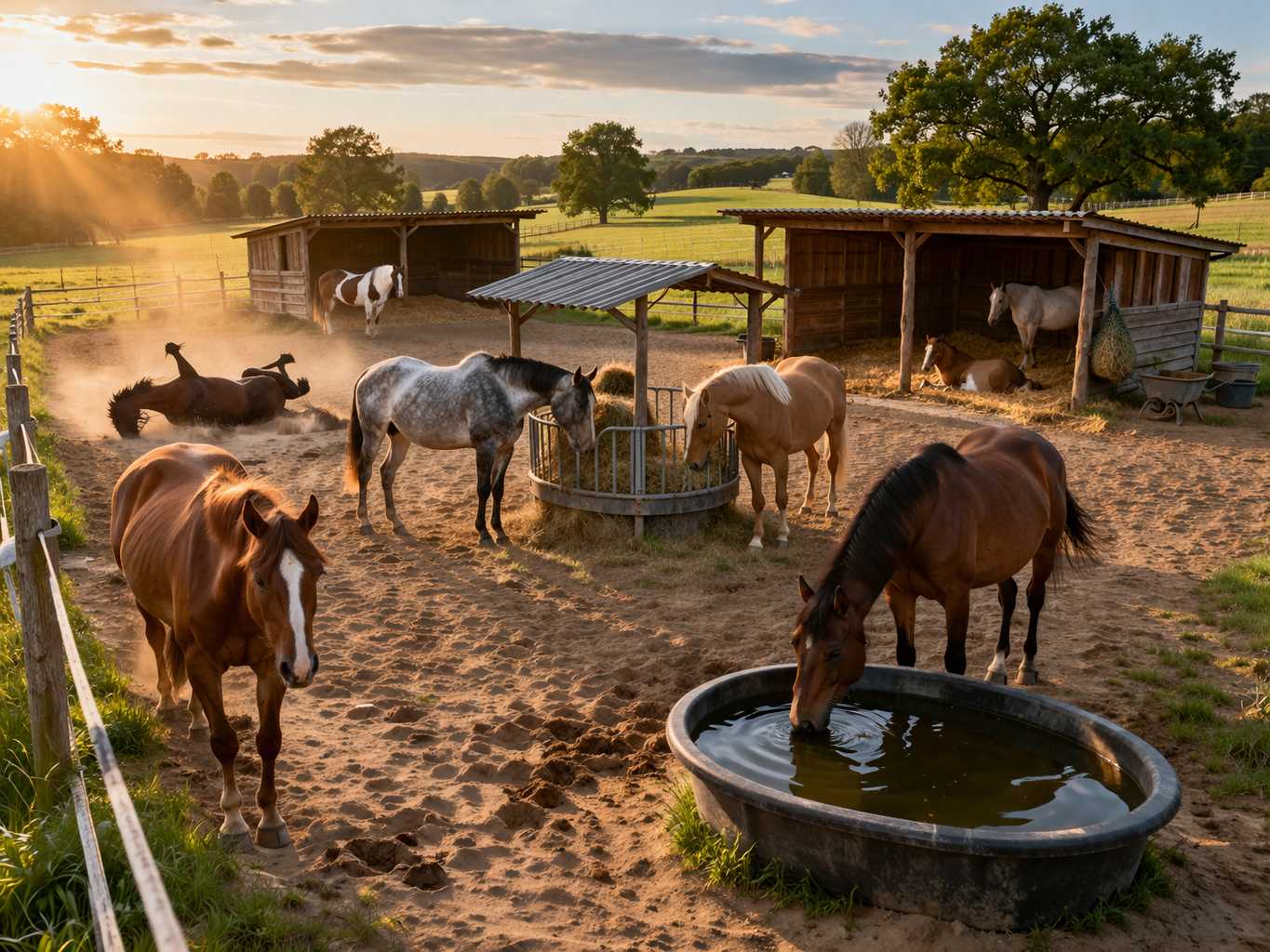 Mehrere Pferde auf einem sandigen Paddock mit Unterständen, einige fressen Heu, eines trinkt aus einer Wasserwanne im Abendlicht