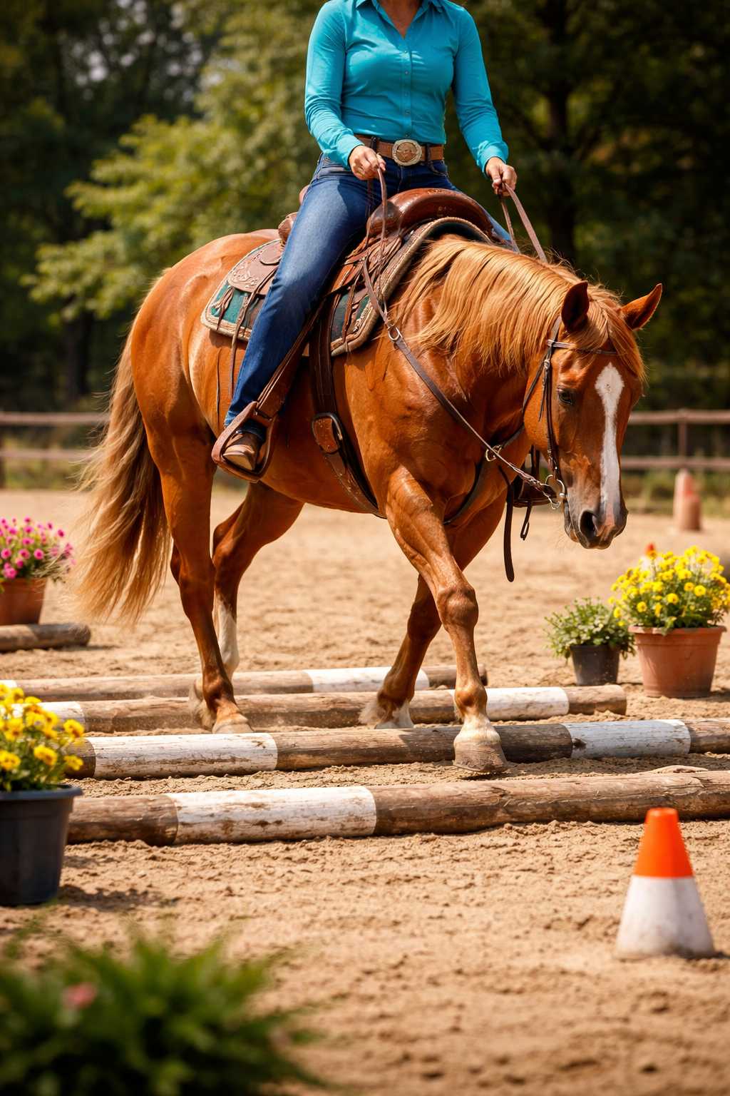Reiterin führt ein braunes Pferd ruhig über Bodenstangen im Trail-Parcours mit Blumen und Hindernissen