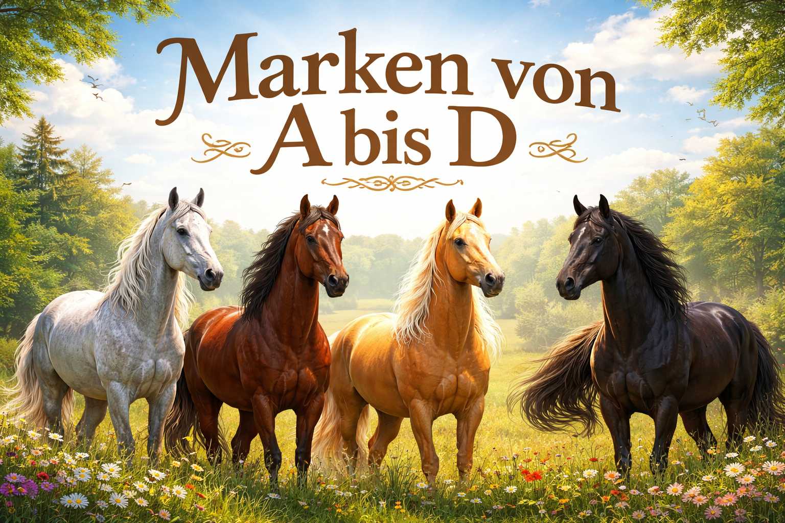 Vier Pferde auf einer blühenden Wiese mit Schriftzug Marken von A bis D