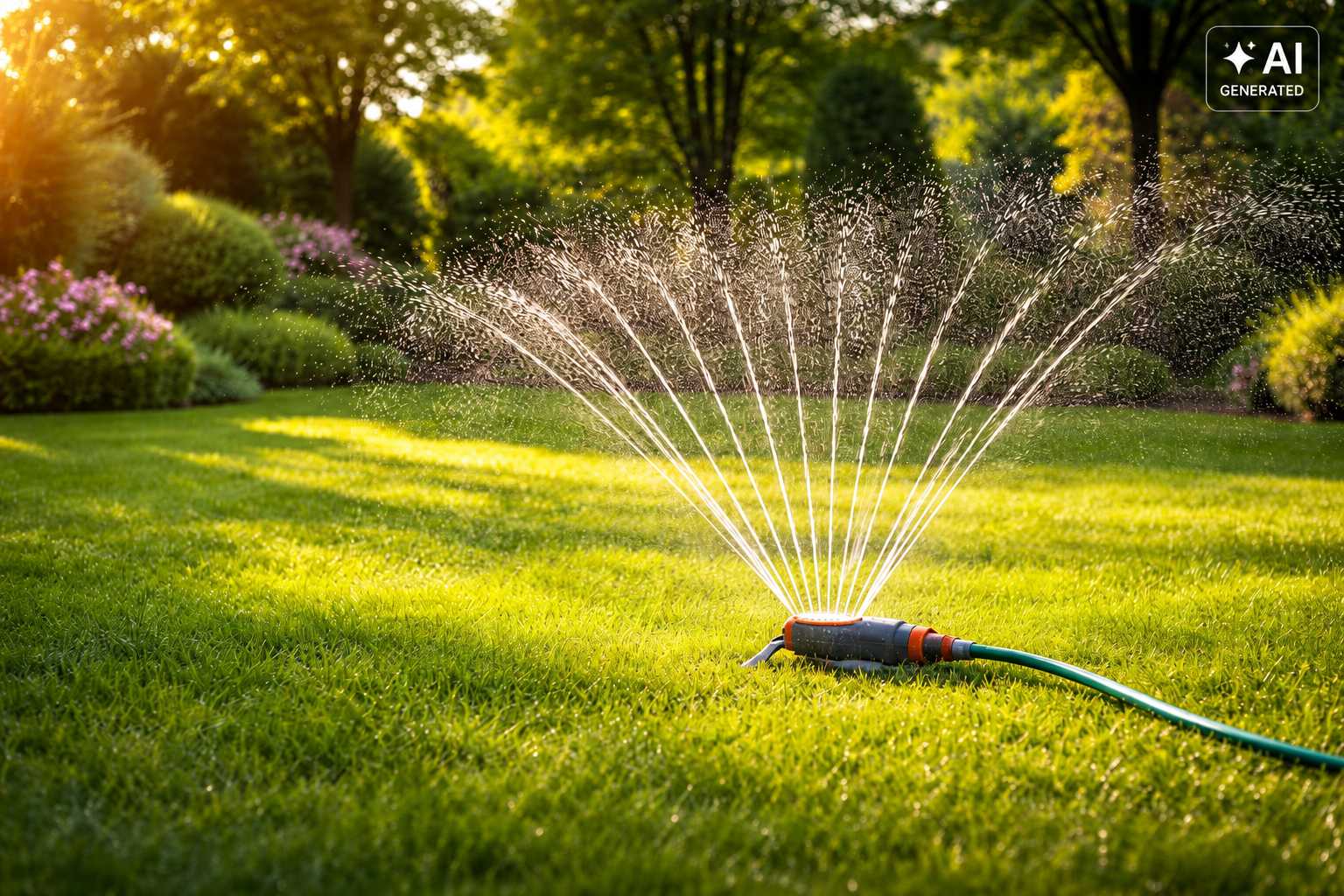 Gartensprenger bewässert eine grüne Rasenfläche im sonnigen Garten
