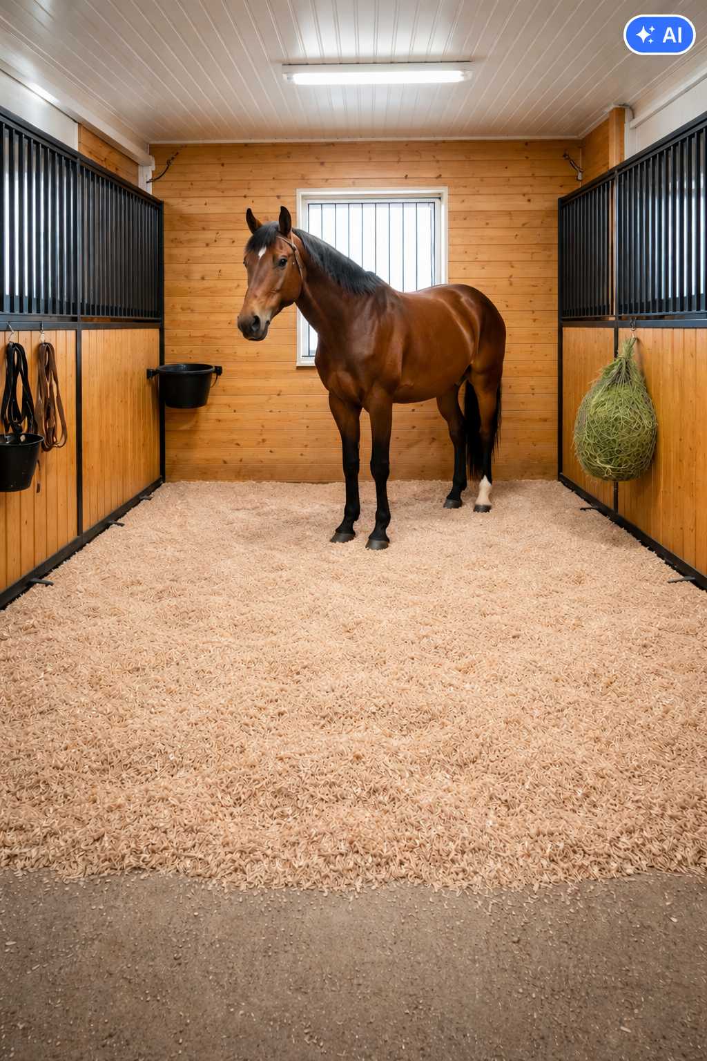 Braunes Pferd steht in einer hellen Stallbox mit Einstreu, Heunetz und Stallzubehör