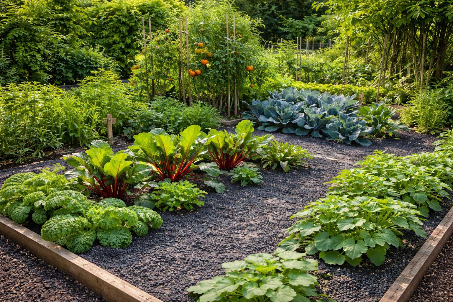 Gemüsegarten mit verschiedenen Beeten, Gemüsepflanzen und Wegen zwischen den Reihen
