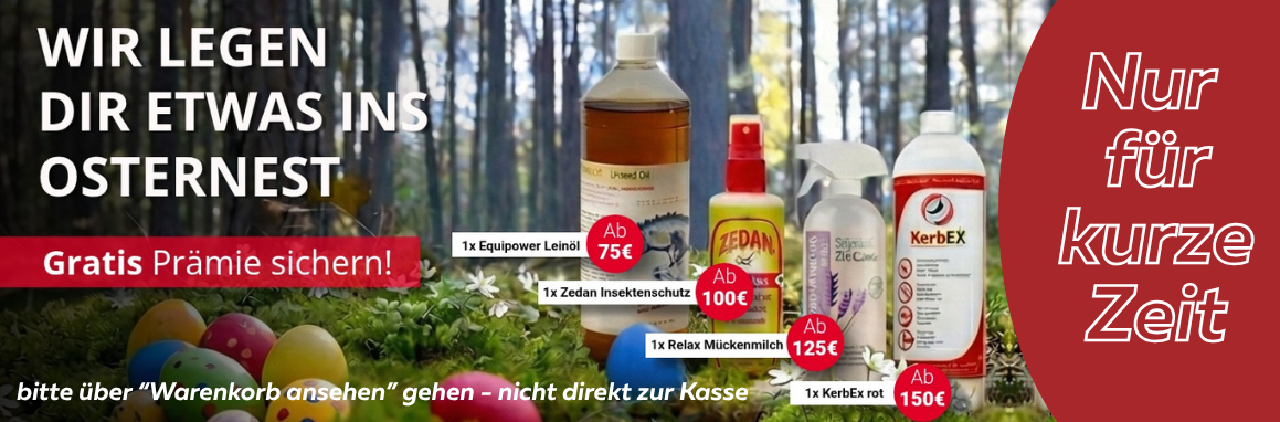 Osteraktion Pferdefuttershop Gratis Prämie Leinöl Insektenschutz Mückenmilch KerbEx