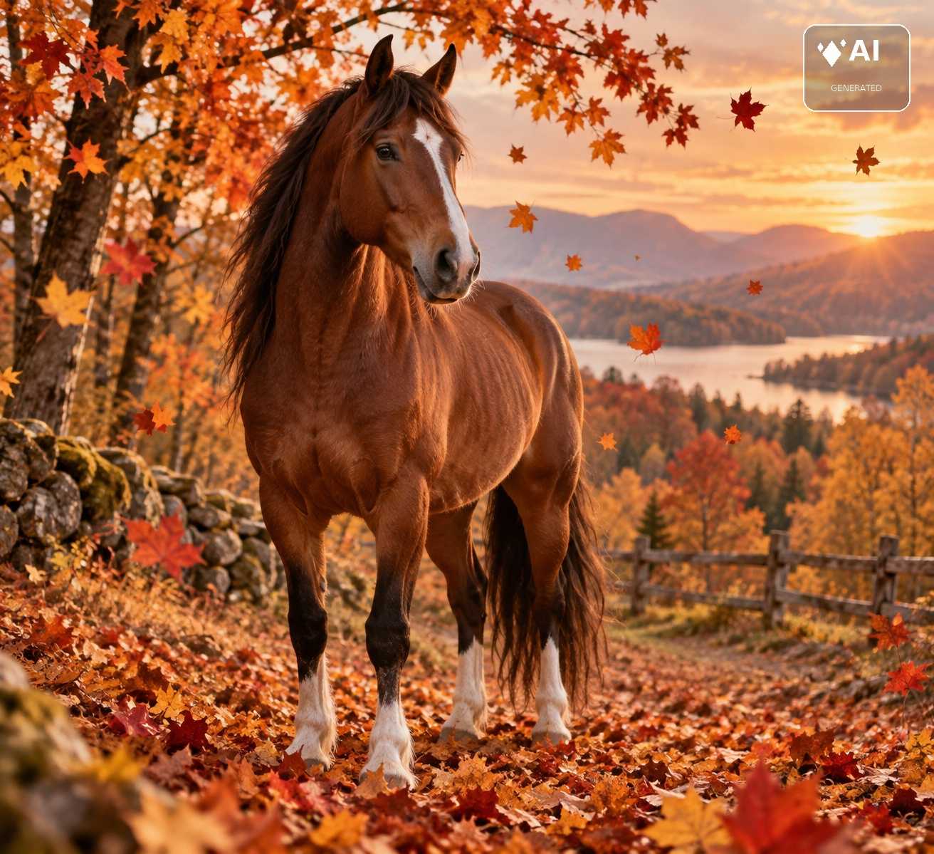 Braunes Pferd steht zwischen buntem Herbstlaub mit Wald, Bergen und Sonnenuntergang im Hintergrund