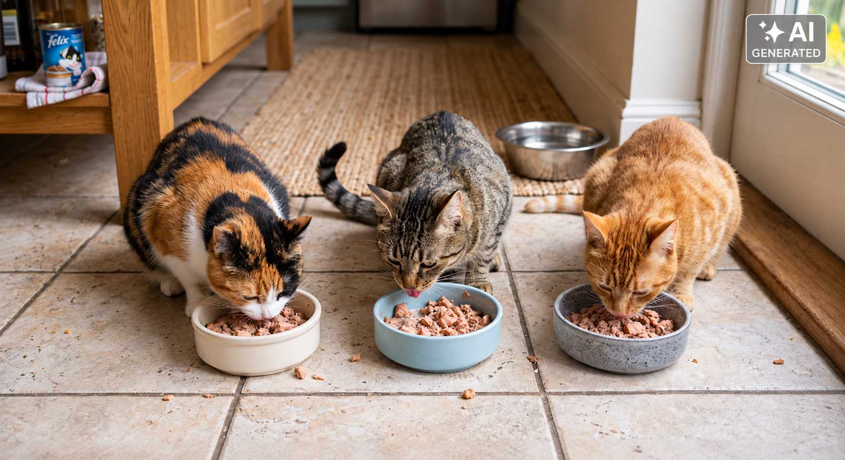 Drei Katzen fressen nebeneinander aus verschiedenen Futternäpfen