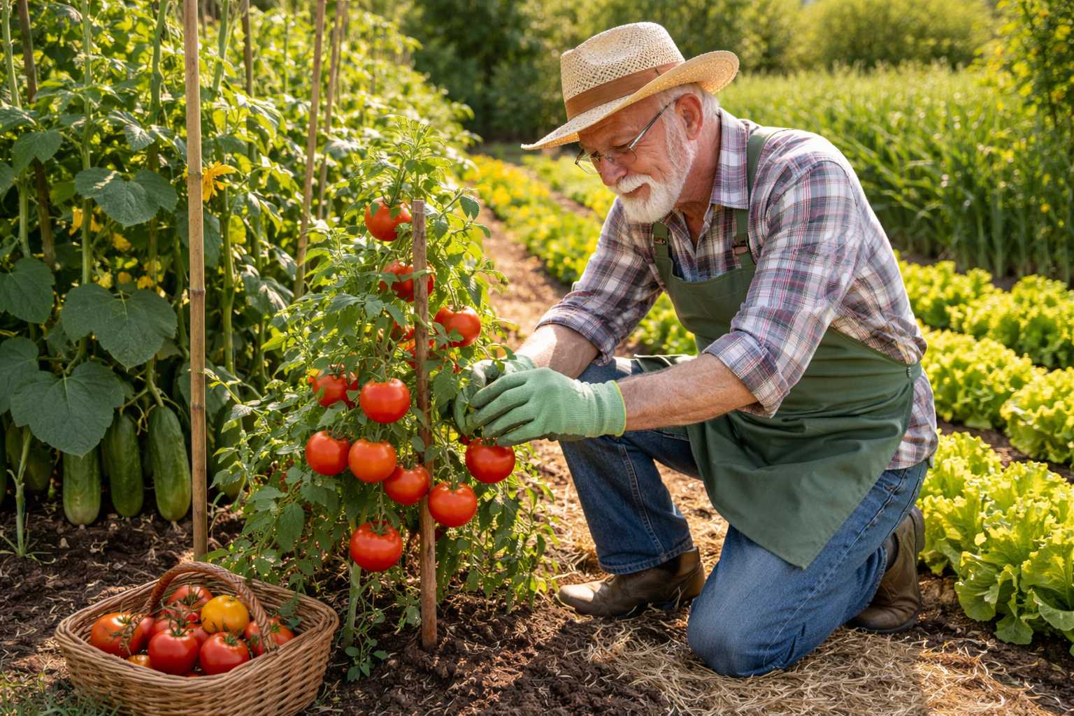 Älterer Mann mit Hut erntet reife Tomaten von Pflanzen im Gemüsegarten, daneben ein Korb mit frischem Gemüse