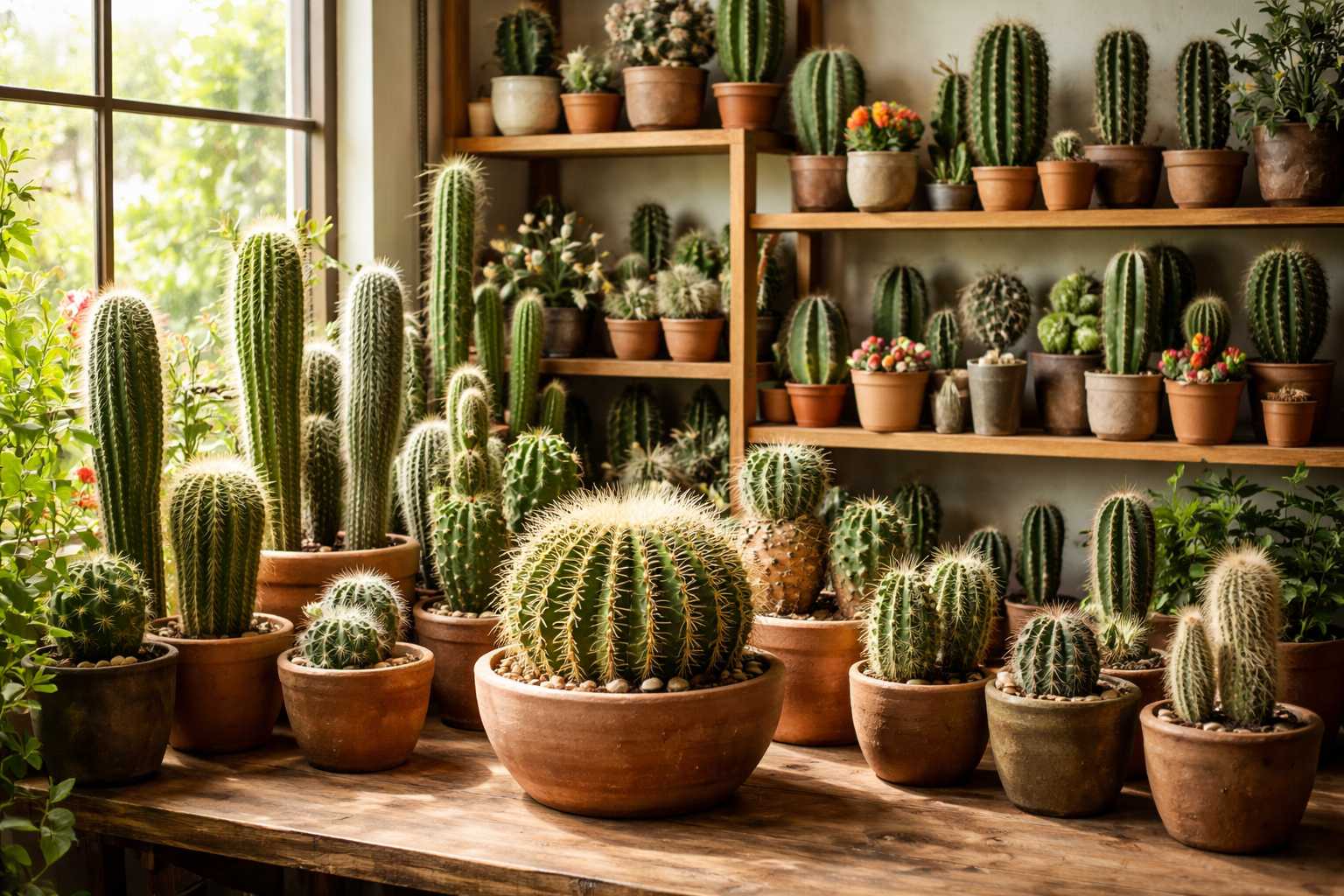Viele verschiedene Kakteen und Sukkulenten in Töpfen auf einem Tisch und Regal in einem hellen Raum