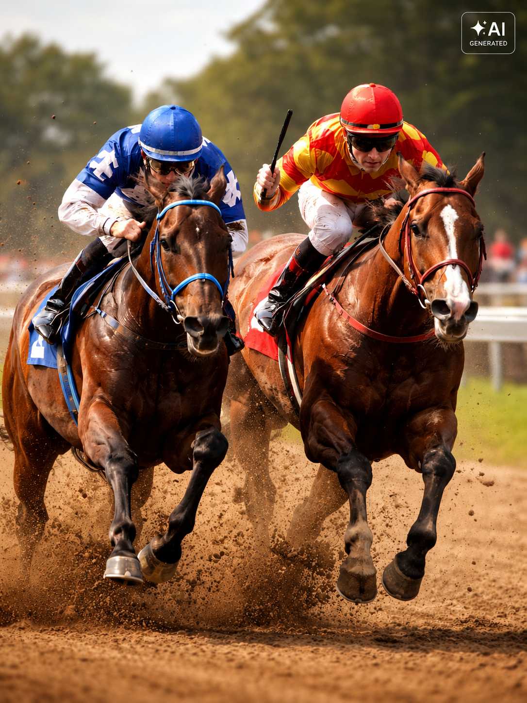 Zwei Jockeys mit blauen und roten Rennhelmen reiten auf braunen Rennpferden dicht nebeneinander über eine sandige Rennbahn. Dabei wirbelt Staub auf.