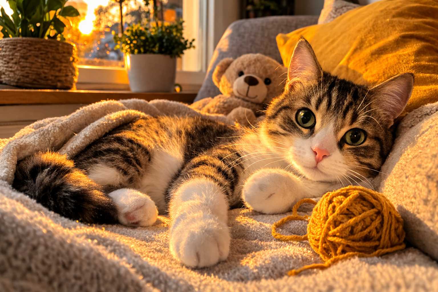 Gemütliche Hauskatze liegt auf einer Decke neben Wollknäuel im warmen Abendlicht