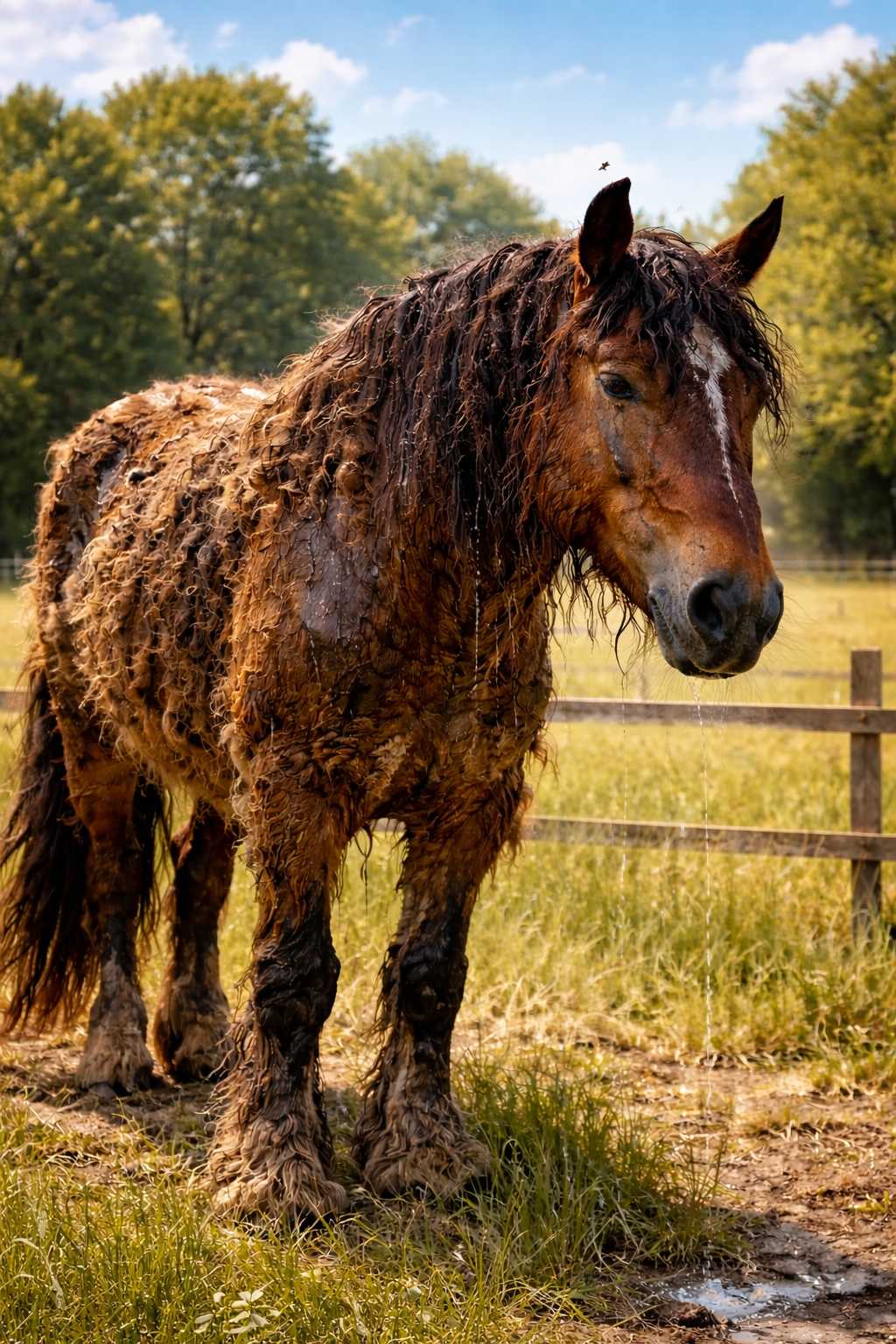 Braunes Pferd mit stark verschmutztem, nassem Fell steht auf einer Weide vor einem Holzzaun und Bäumen im Hintergrund.