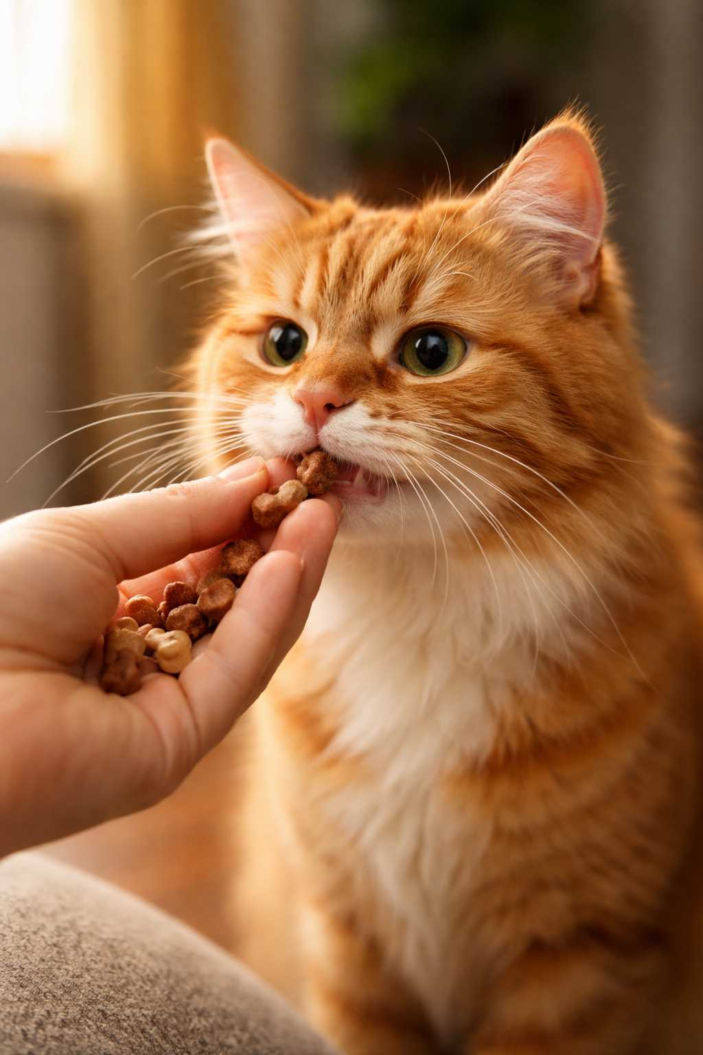 Rote Katze bekommt Katzenleckerlis direkt aus der Hand gefüttert