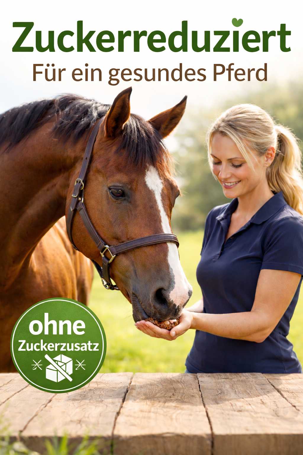 Frau füttert Pferd mit zuckerreduziertem Pferdefutter ohne Zuckerzusatz für eine gesunde Pferdefütterung