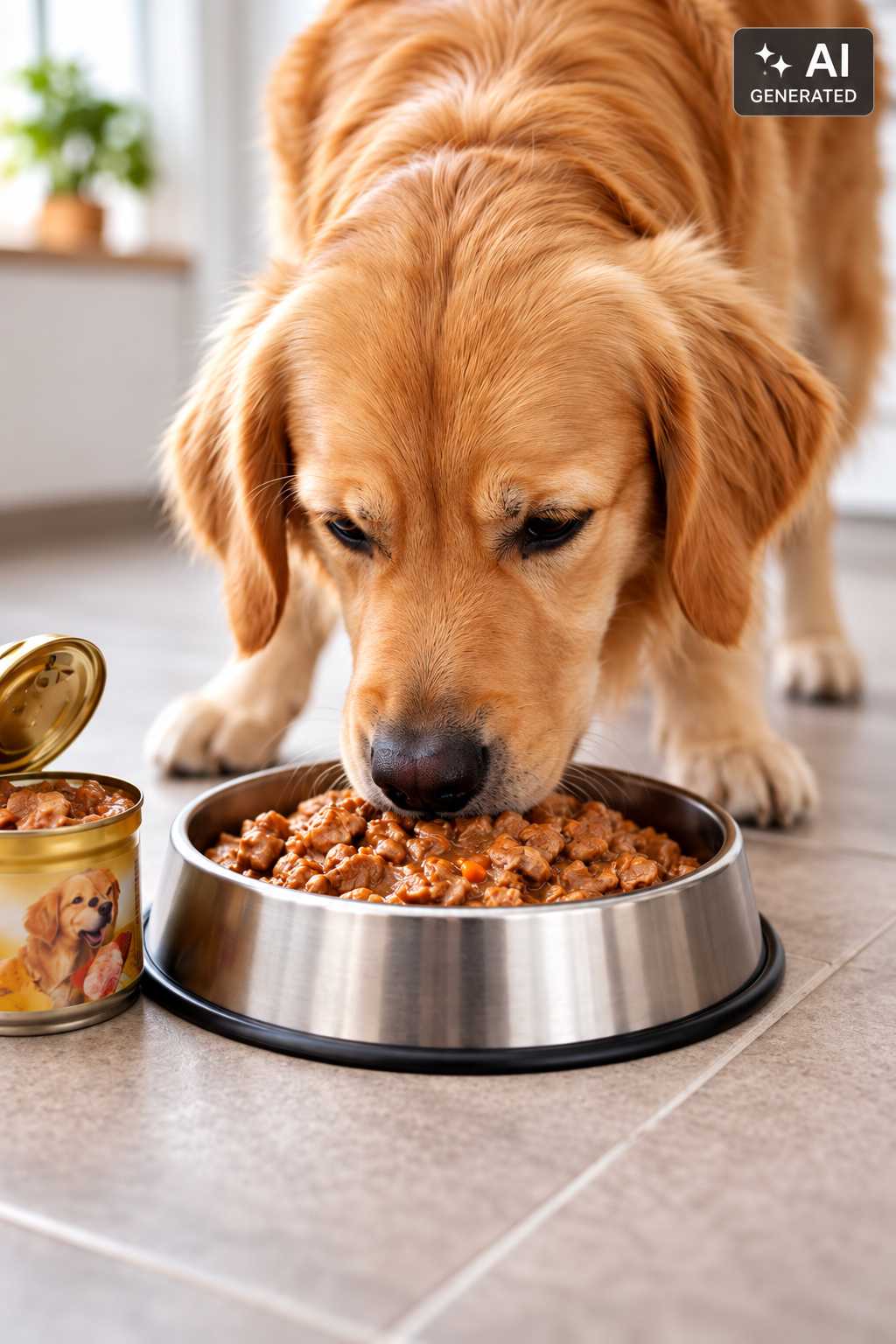 Golden Retriever frisst Hundefutter aus einem Futternapf neben einer geöffneten Dose