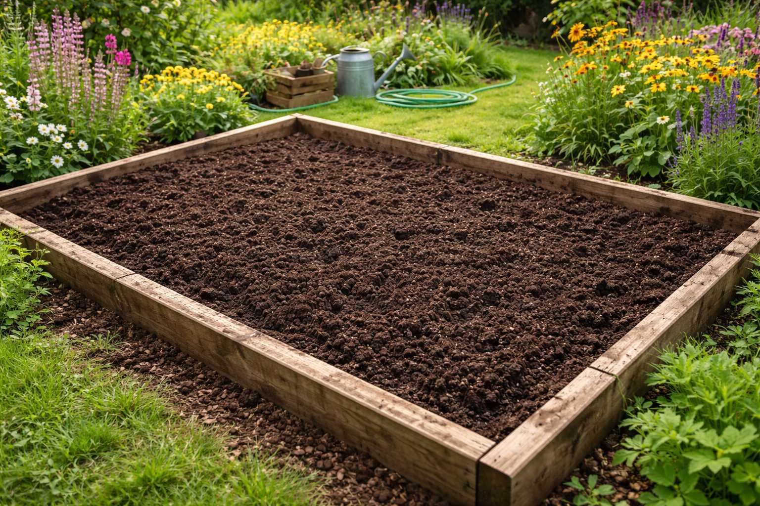 Hochbeet gefüllt mit Lavagranulat als Drainageschicht im Garten