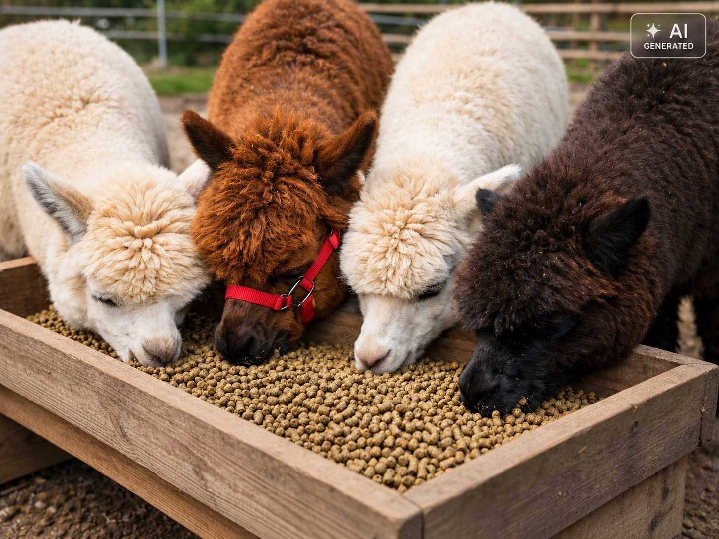 Vier Alpakas mit weißem, braunem und schwarzem Fell fressen gemeinsam Futterpellets aus einem großen hölzernen Futtertrog auf einer Weide.