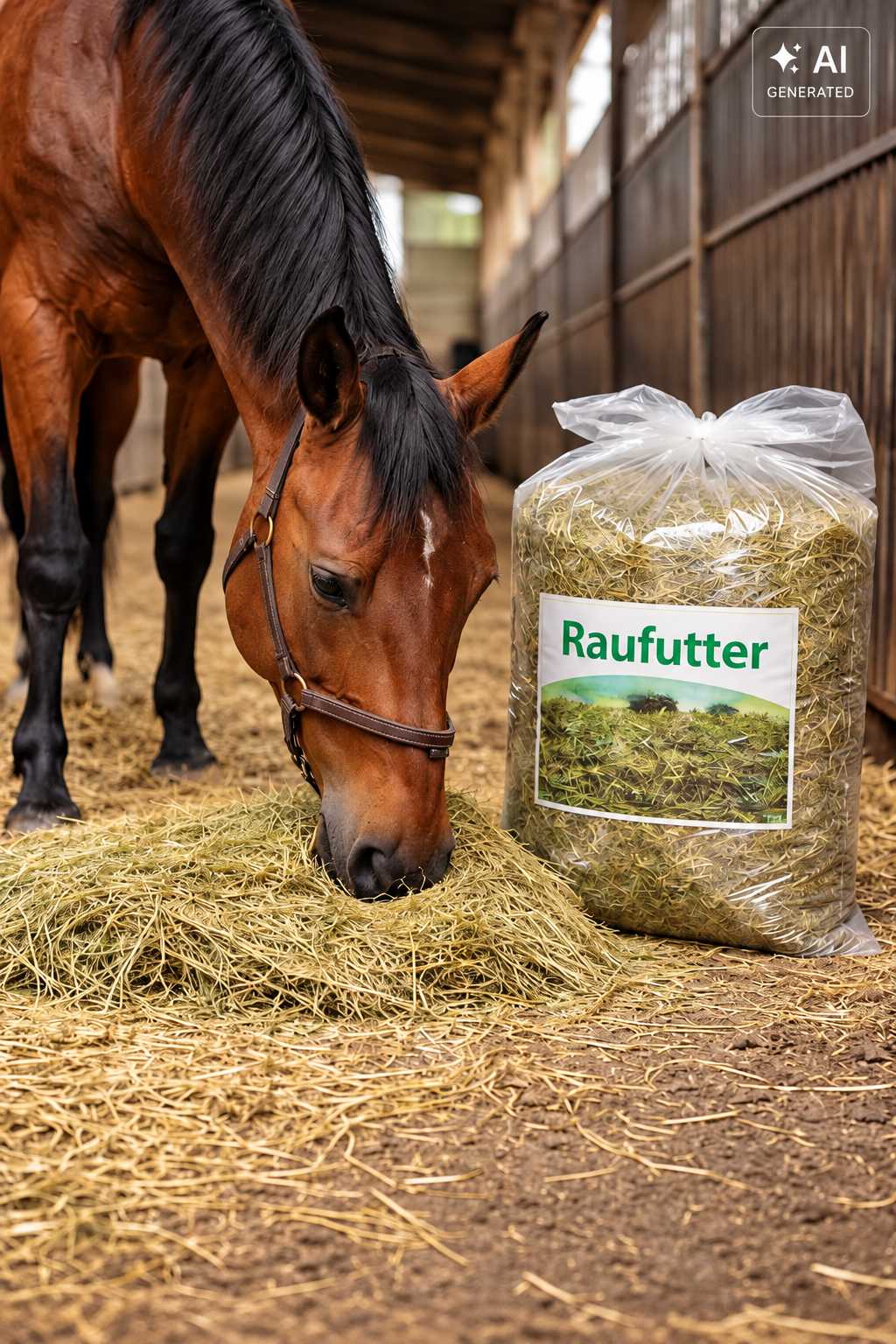 Braunes Pferd frisst Heu vom Boden im Pferdestall. Daneben steht ein transparenter Sack mit Raufutter für Pferde.