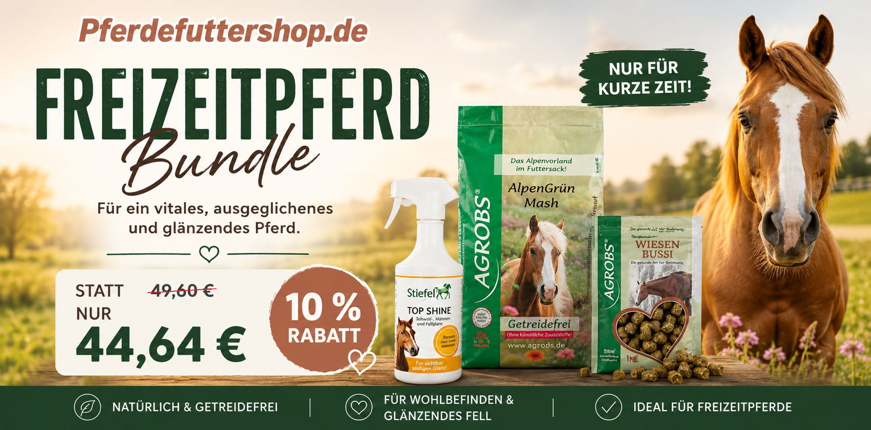 Banner zum Haut & Fell Bundle von Pferdefuttershop.de mit Agrobs Bierhefe Pur, Leinsamen und Leinöl. Jetzt 10 % Rabatt – statt 49,20 € nur 44,28 € für ein glänzendes Fell und gesunde Haut beim Pferd.