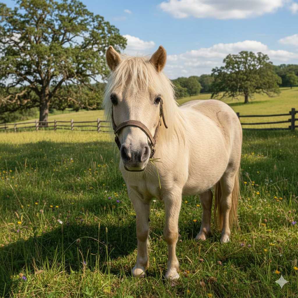 Ein helles Pony mit Halfter steht auf einer grünen Wiese mit Wildblumen, im Hintergrund sind Holzzäune und große Bäume unter blauem Himmel zu sehen.