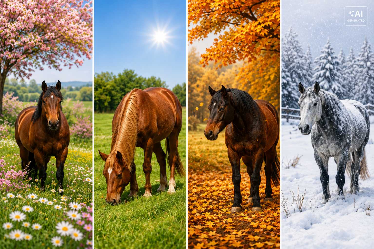 Pferde im Frühling, Sommer, Herbst und Winter in vier Naturmotiven