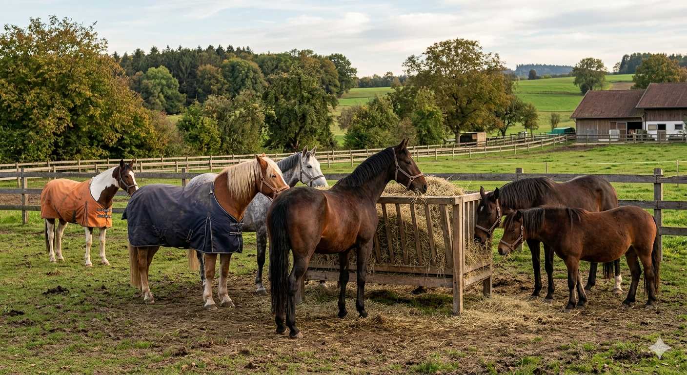 Mehrere Pferde stehen auf einer Weide und fressen Heu aus einer Futterraufe, umgeben von ländlicher Landschaft und Stallgebäuden